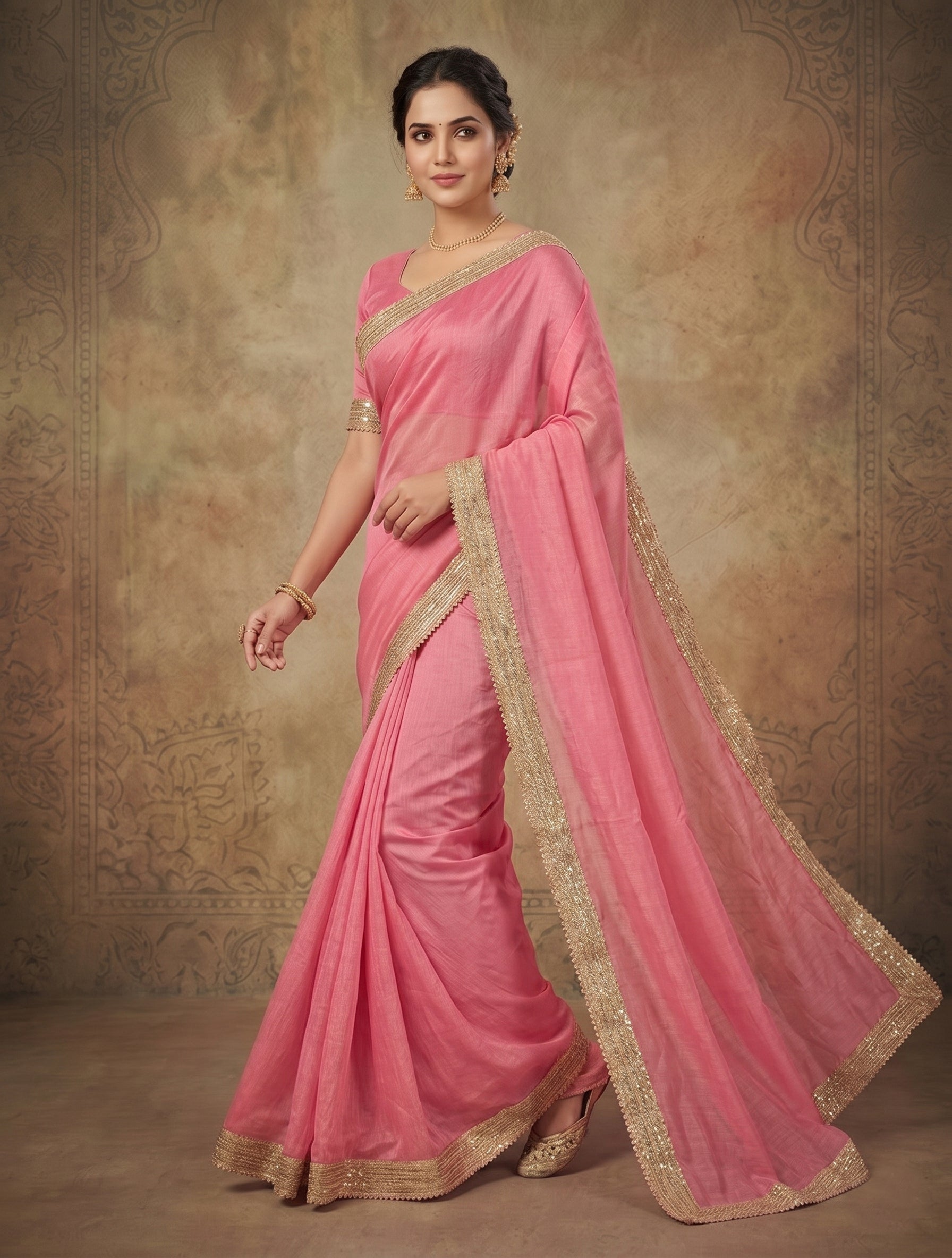 Indian women's fandy Saree - Festive Party Wear Saree with Lace Border