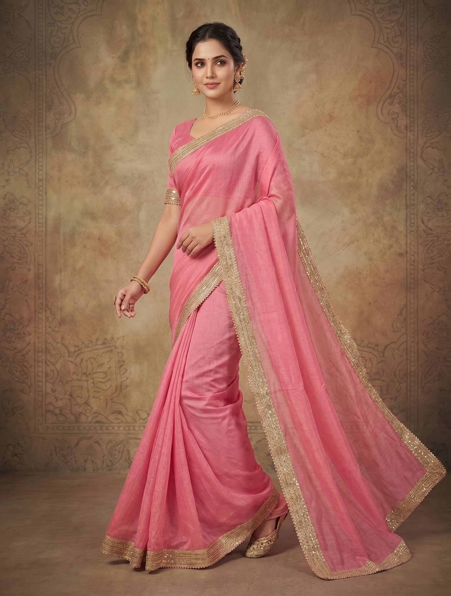 Pink Plain Saree with Golden Lace Border | Elegant Party Wear Saree for Women
