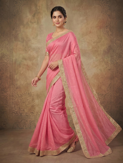 Pink Plain Saree with Golden Lace Border | Elegant Party Wear Saree for Women