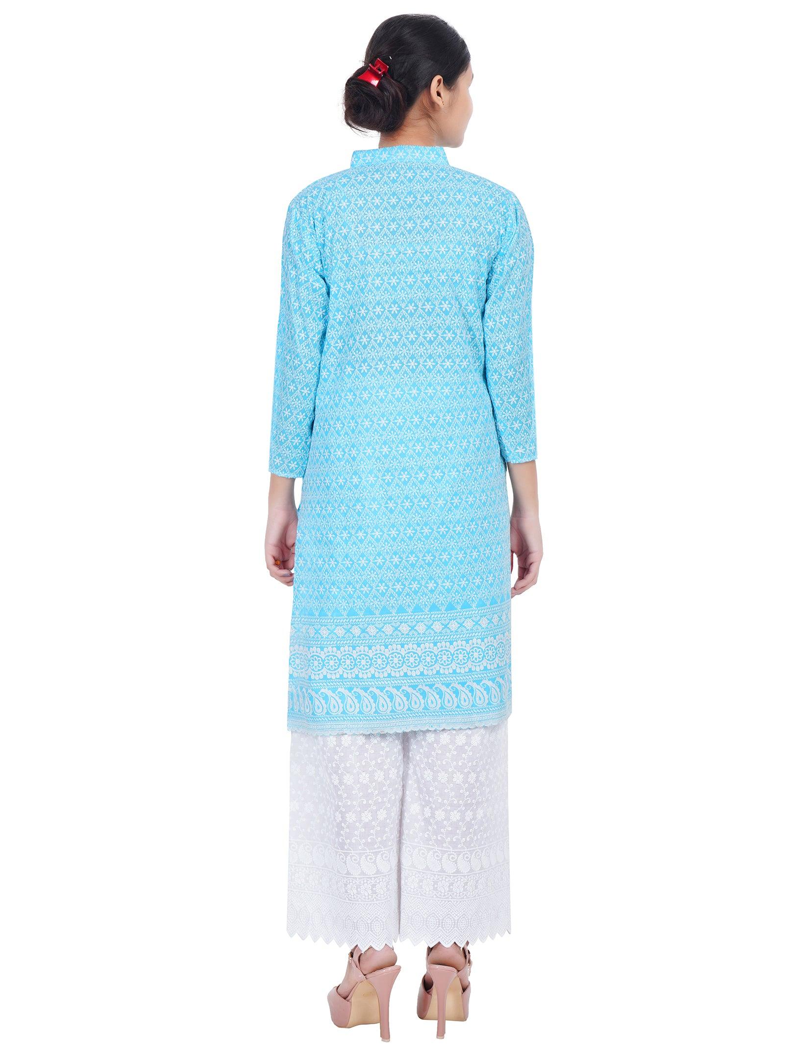 Women Sky Blue Kurta and Palazzo Set Pure Cotton
