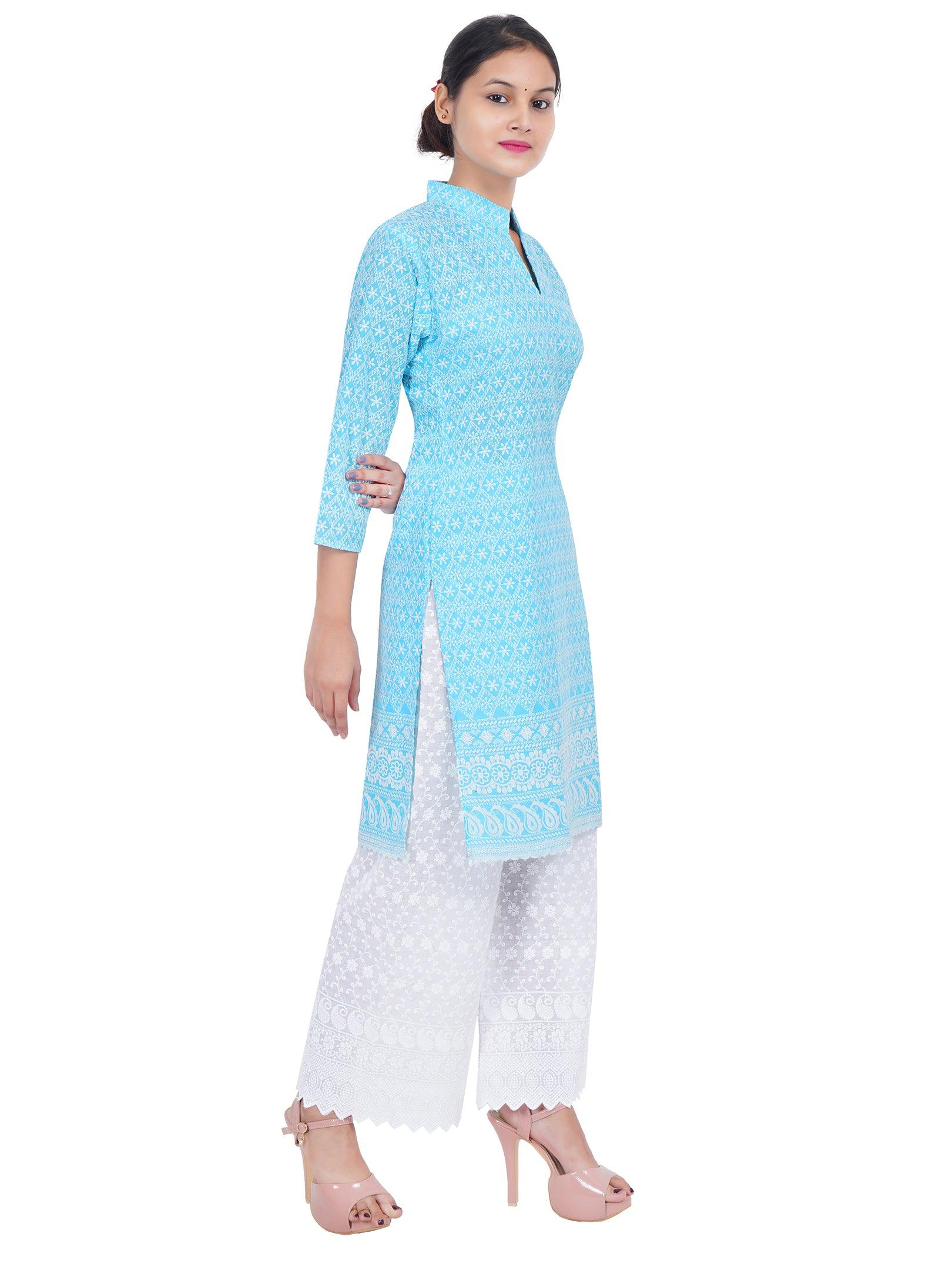 Women Sky Blue Kurta and Palazzo Set Pure Cotton