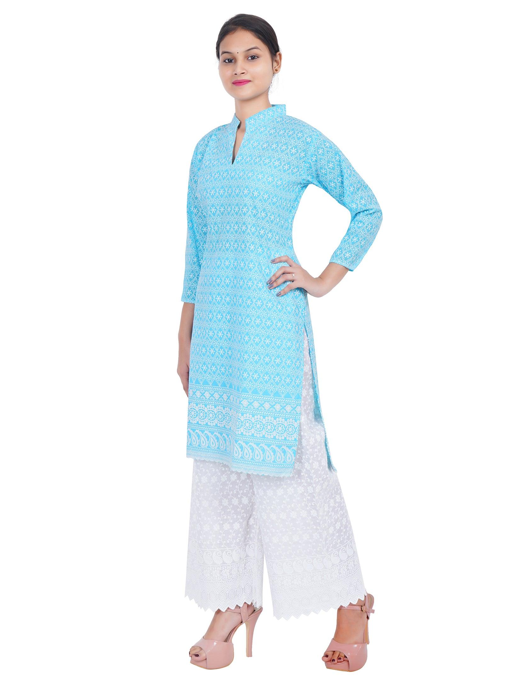 Women Sky Blue Kurta and Palazzo Set Pure Cotton