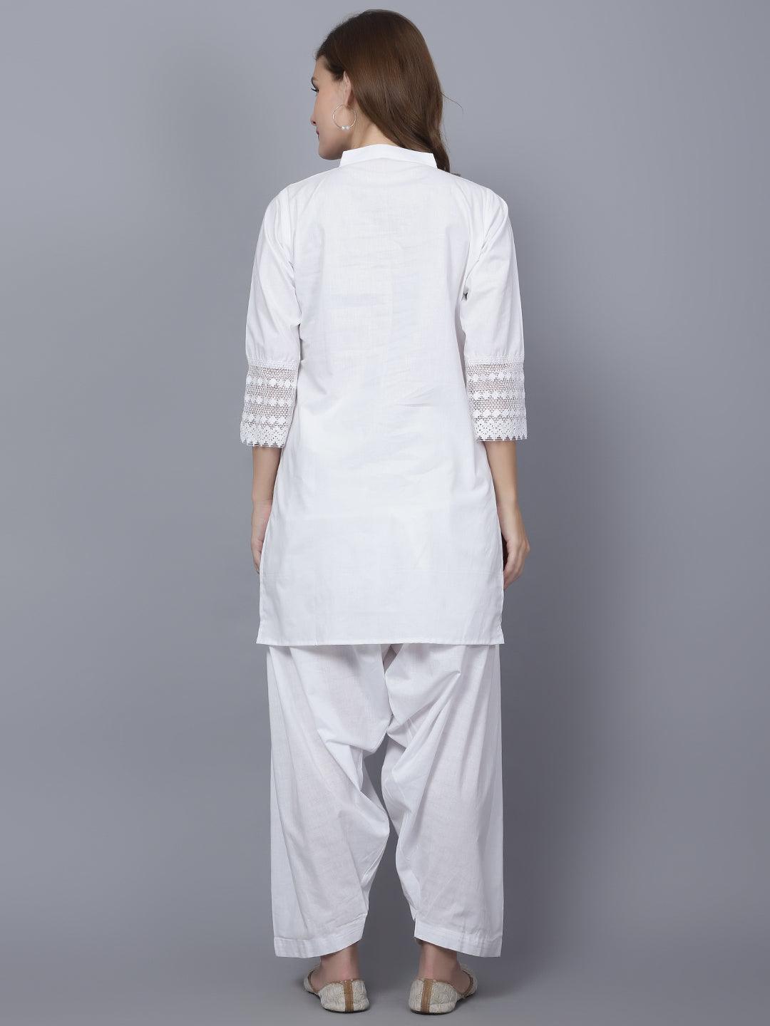 Indian Women White Soild Cotton Blend Straight Kurta