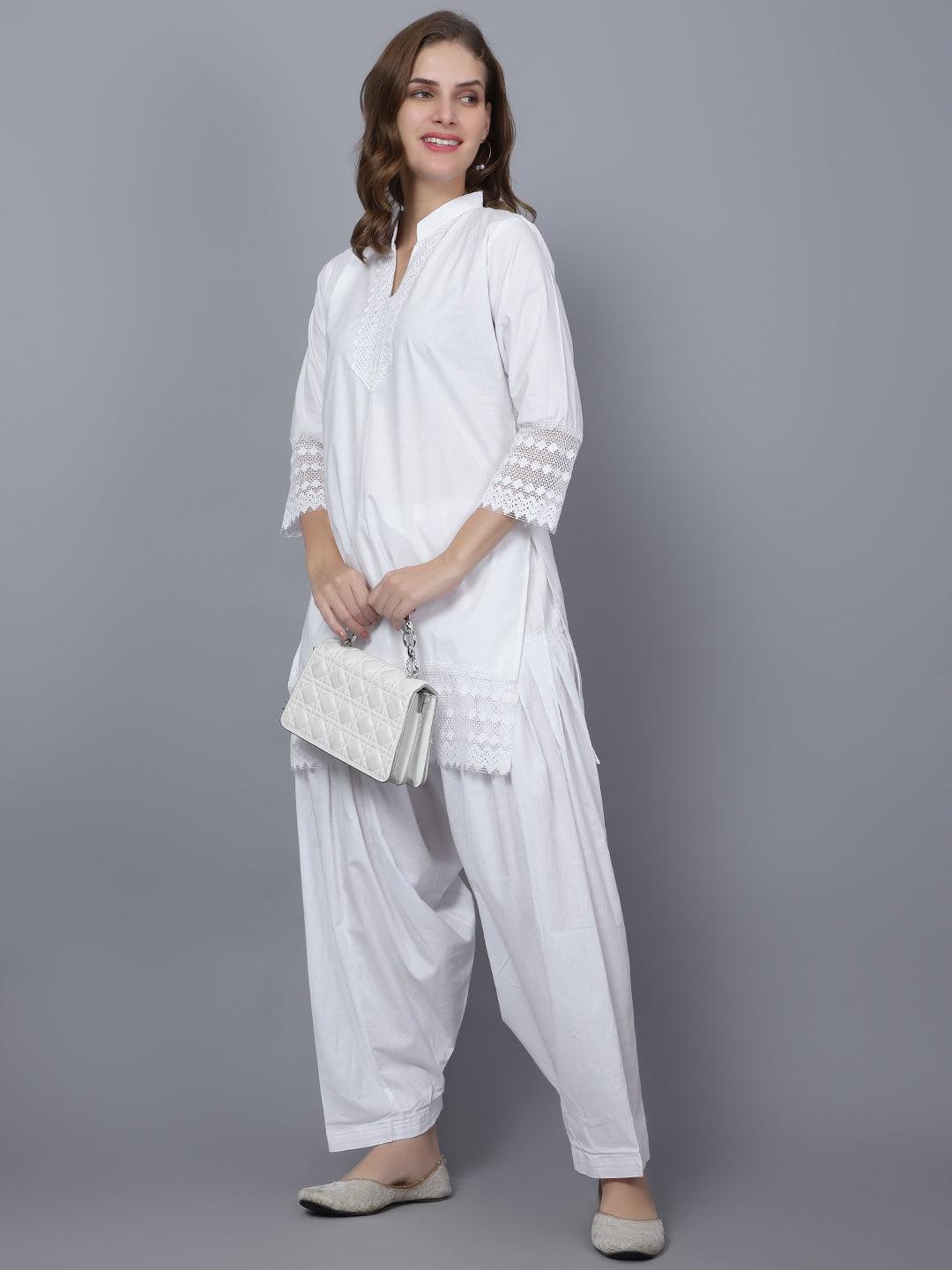 Indian Women White Soild Cotton Blend Straight Kurta