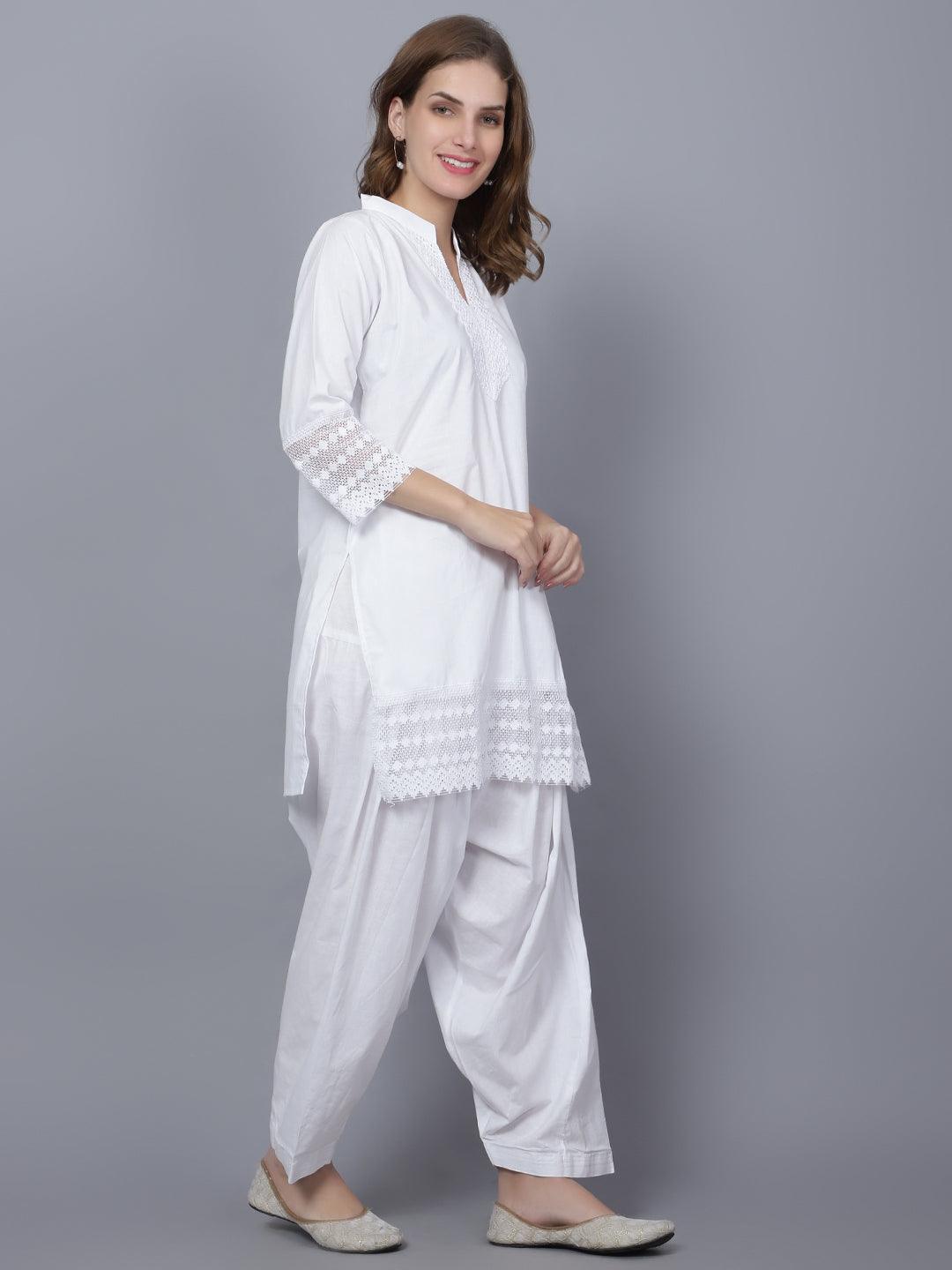Women Apple Cut White Solid Print Pure Cotton Straight Kurta Set