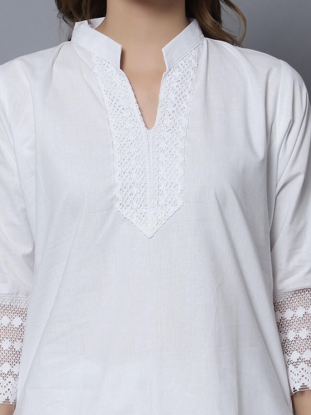 Women Apple Cut White Solid Print Pure Cotton Straight Kurta Set