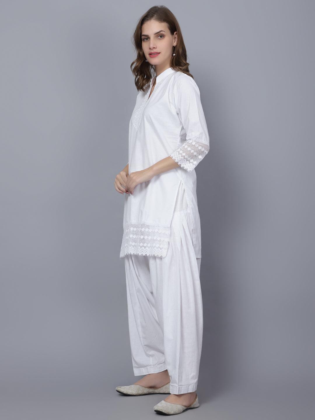 Indian Women White Soild Cotton Blend Straight Kurta