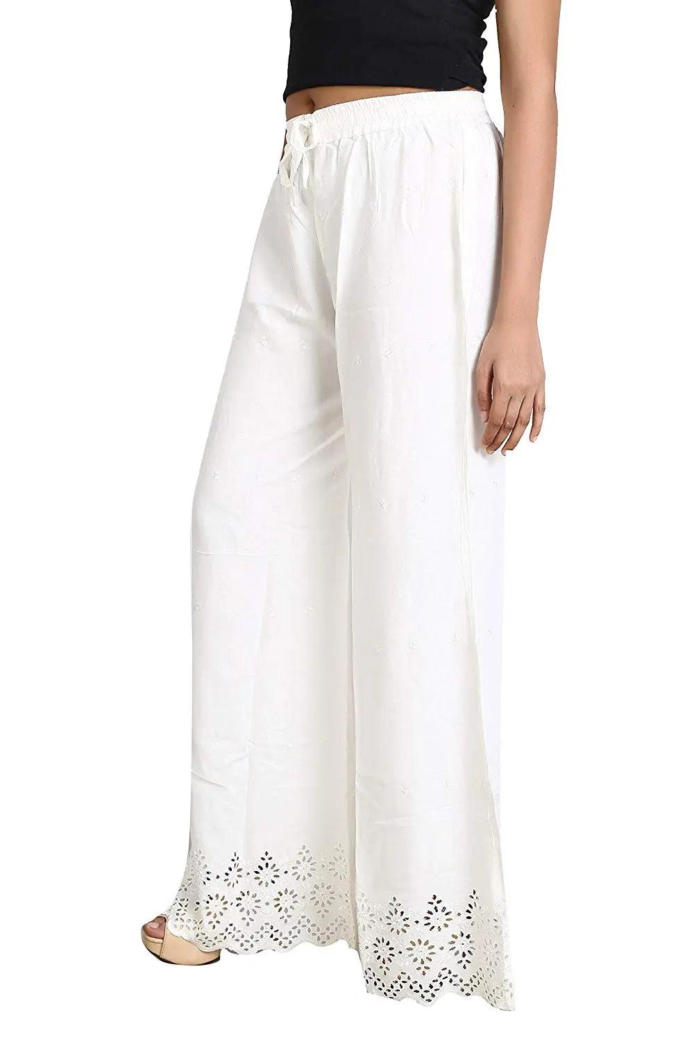 Woman's White Reyon Chiken Embroidery Plazzo