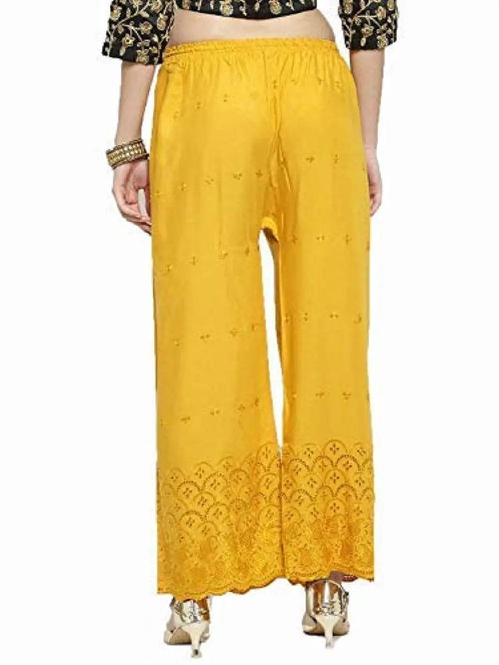 Woman's Mastard Reyon Chiken Embroidery Plazzo