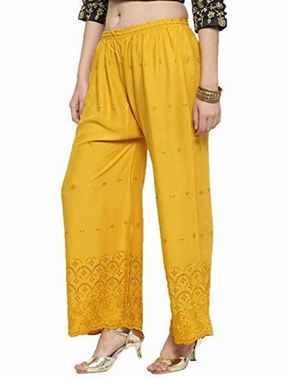 Woman's Mastard Reyon Chiken Embroidery Plazzo