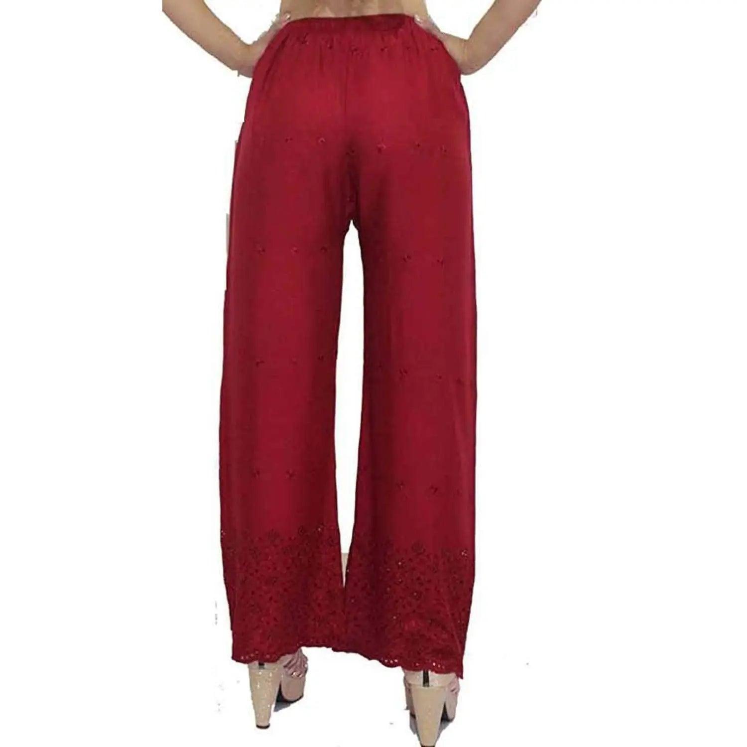 Woman's Maroon Reyon Chiken Embroidery Plazzo