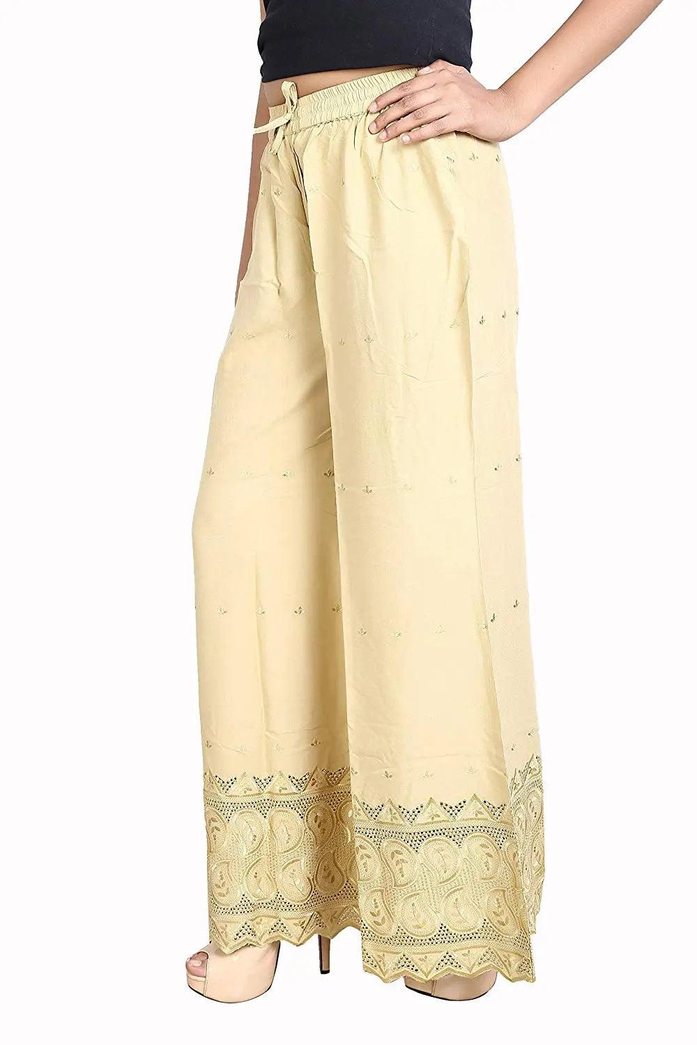 Woman's Cream Reyon Chiken Embroidery Plazzo
