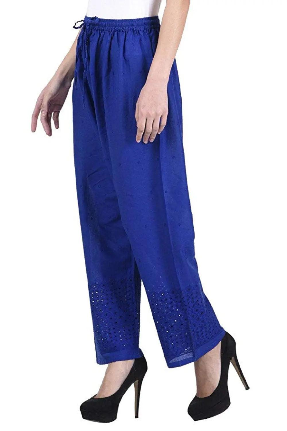 Woman's Royal Blue Reyon Chiken Embroidery Plazzo