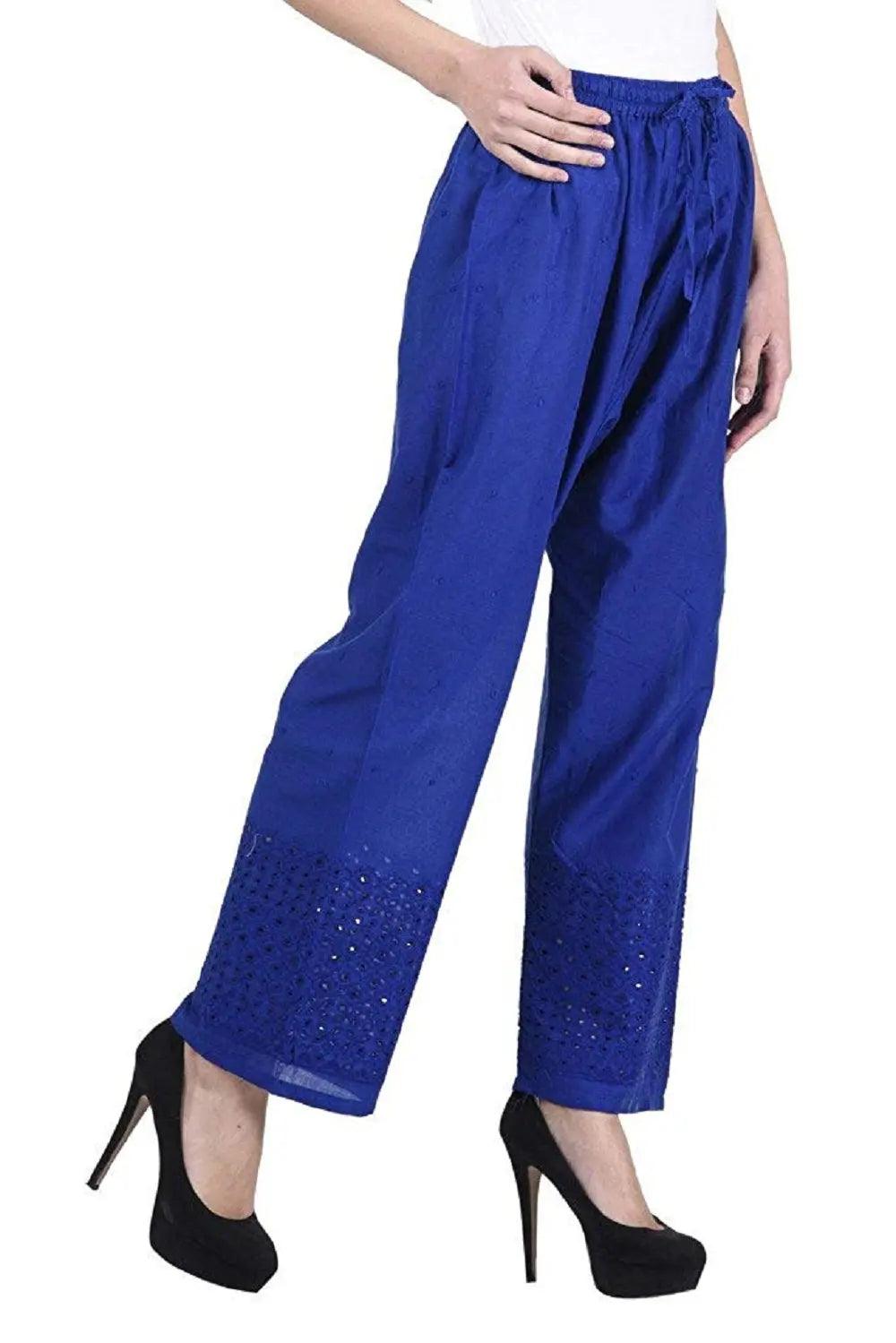 Woman's Royal Blue Reyon Chiken Embroidery Plazzo