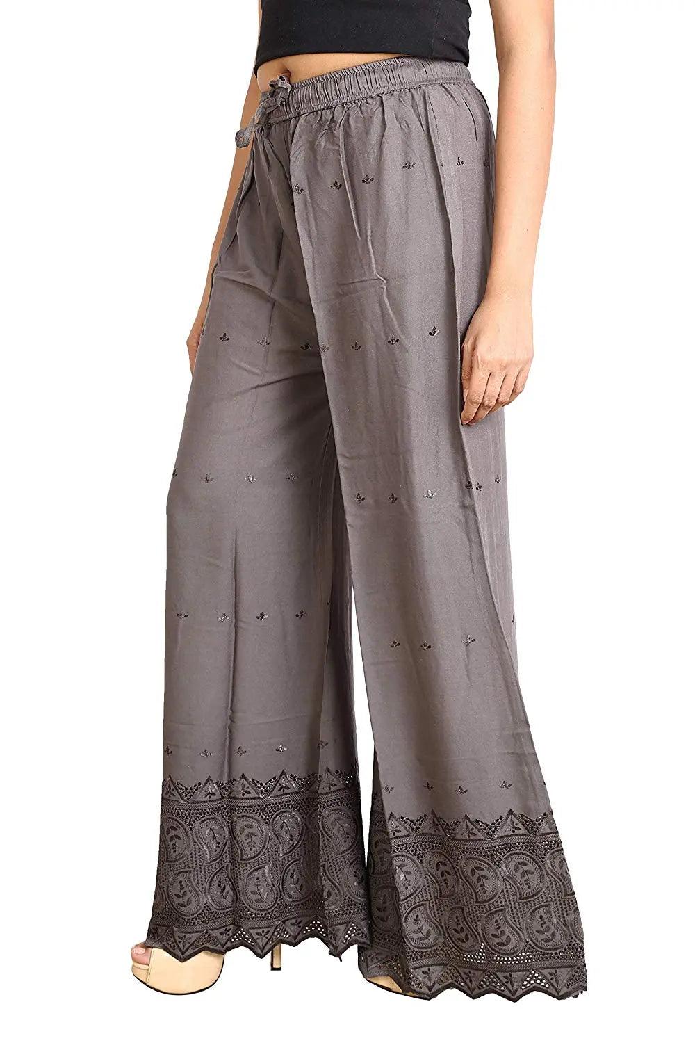Woman's Grey Reyon Chiken Embroidery Plazzo