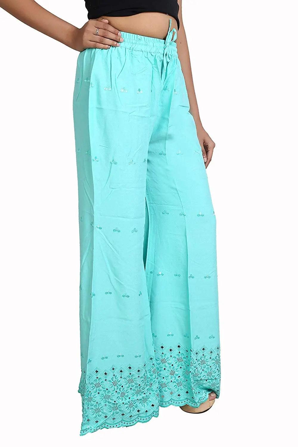 Woman's Rama Green Reyon Chiken Embroidery Plazzo