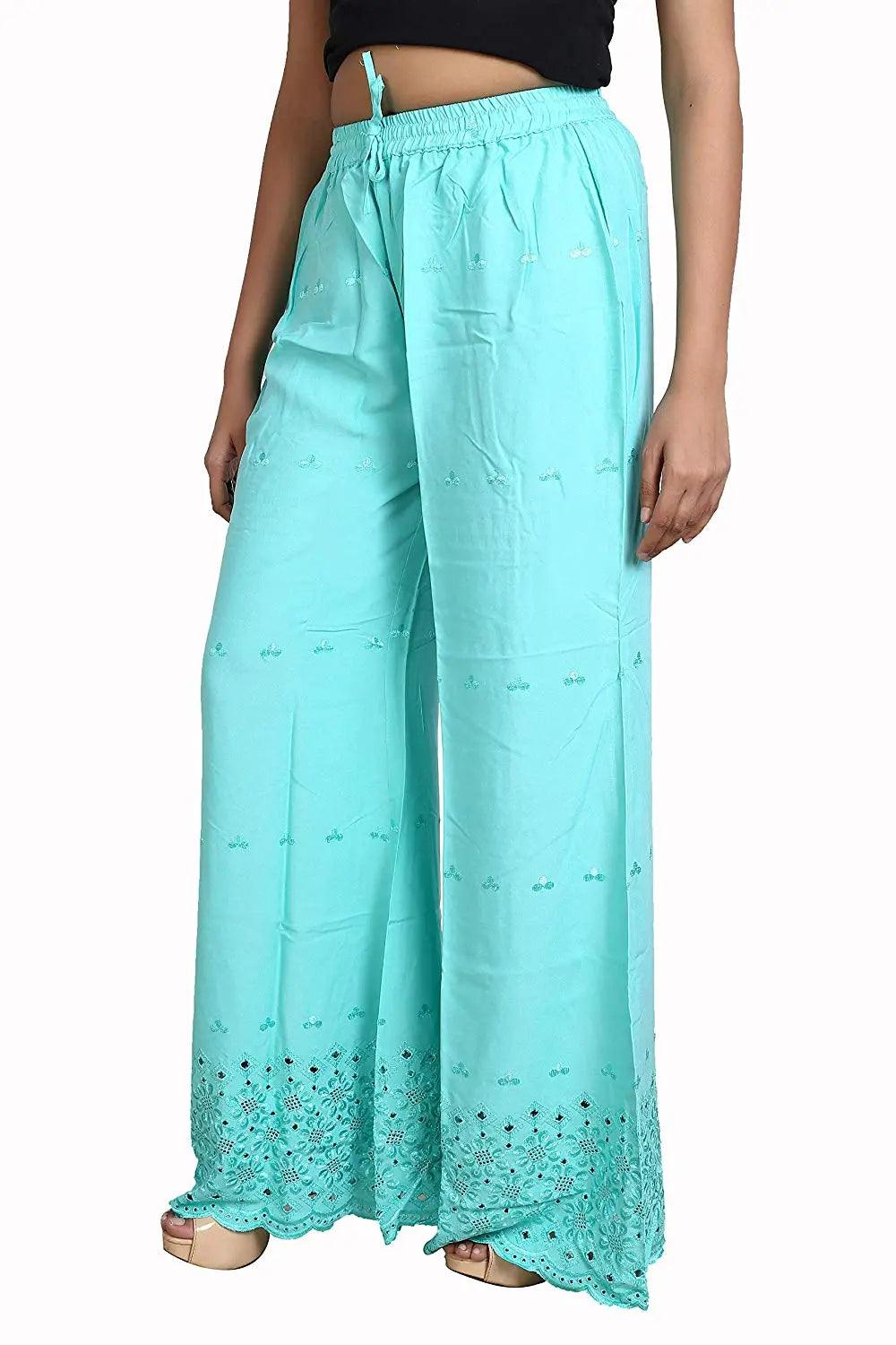 Woman's Rama Green Reyon Chiken Embroidery Plazzo