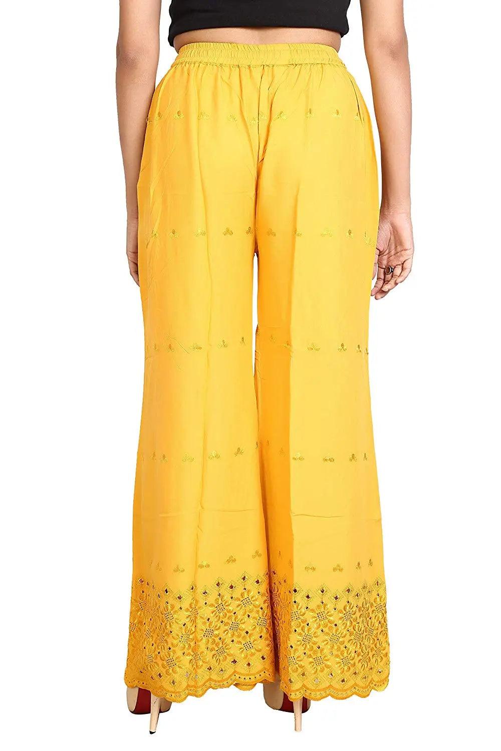 Woman's Yellow Reyon Chiken Embroidery Plazzo