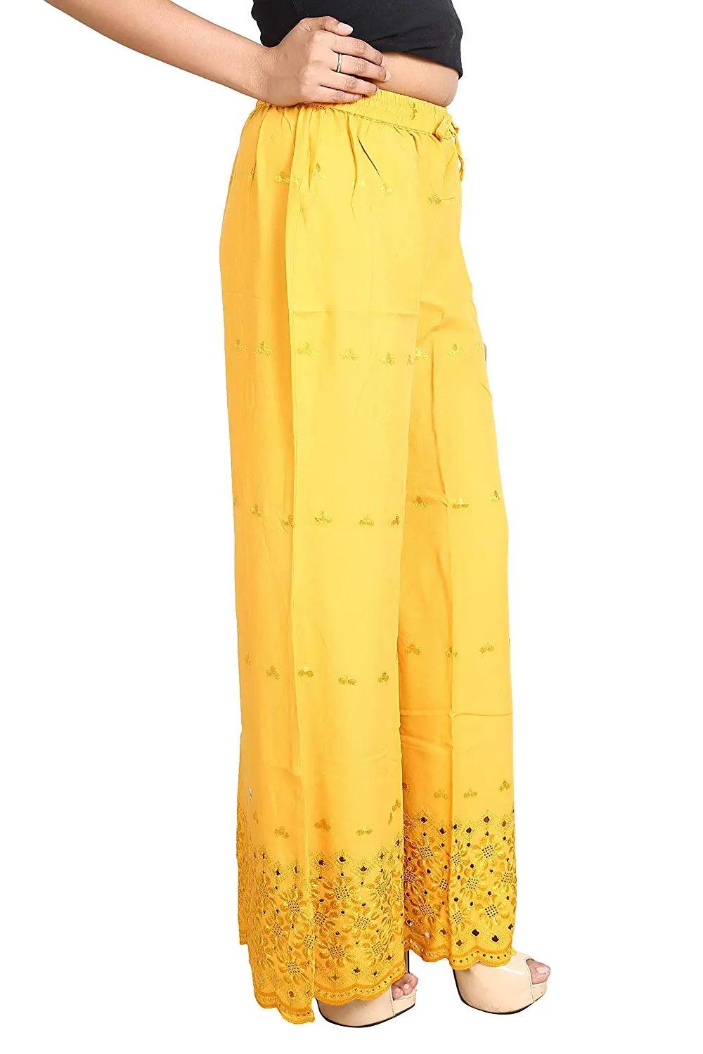 Woman's Yellow Reyon Chiken Embroidery Plazzo