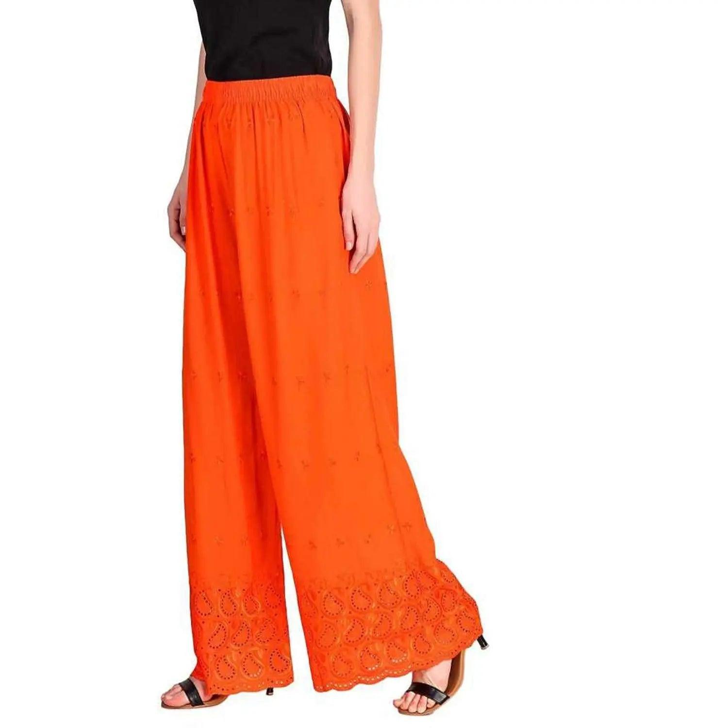 Woman's Orange Reyon Chiken Embroidery Plazzo
