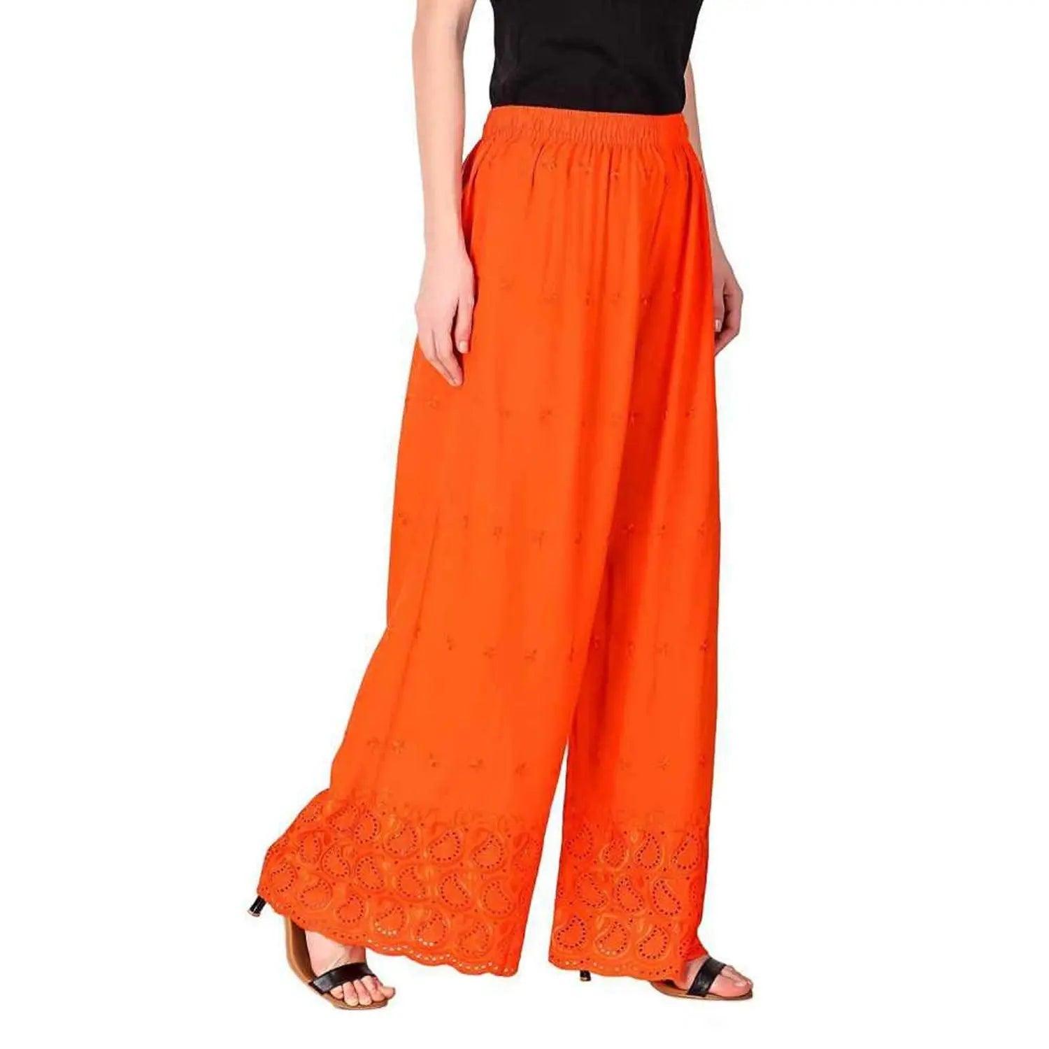 Woman's Orange Reyon Chiken Embroidery Plazzo