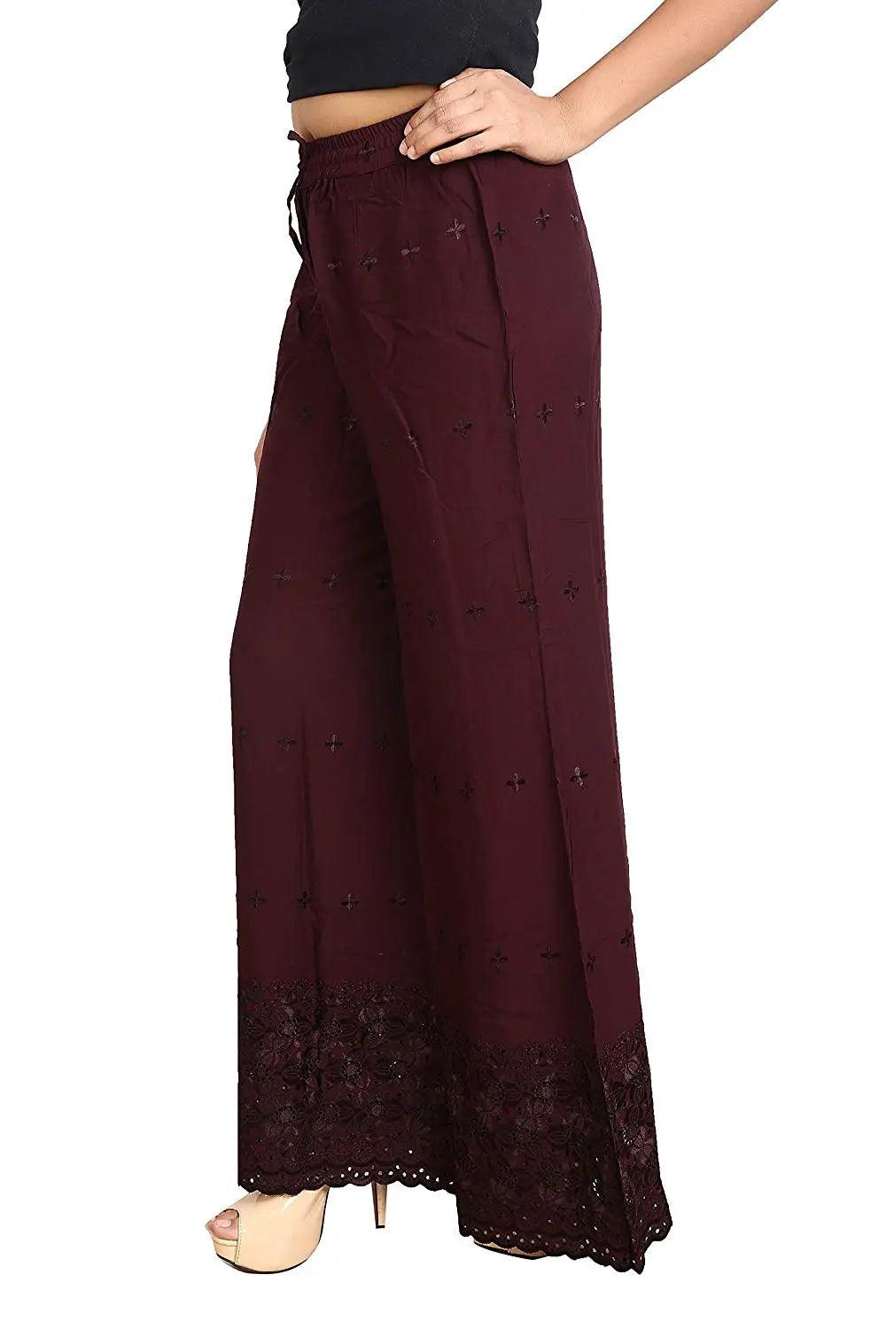 Woman's Brown Reyon Chiken Embroidery Plazzo