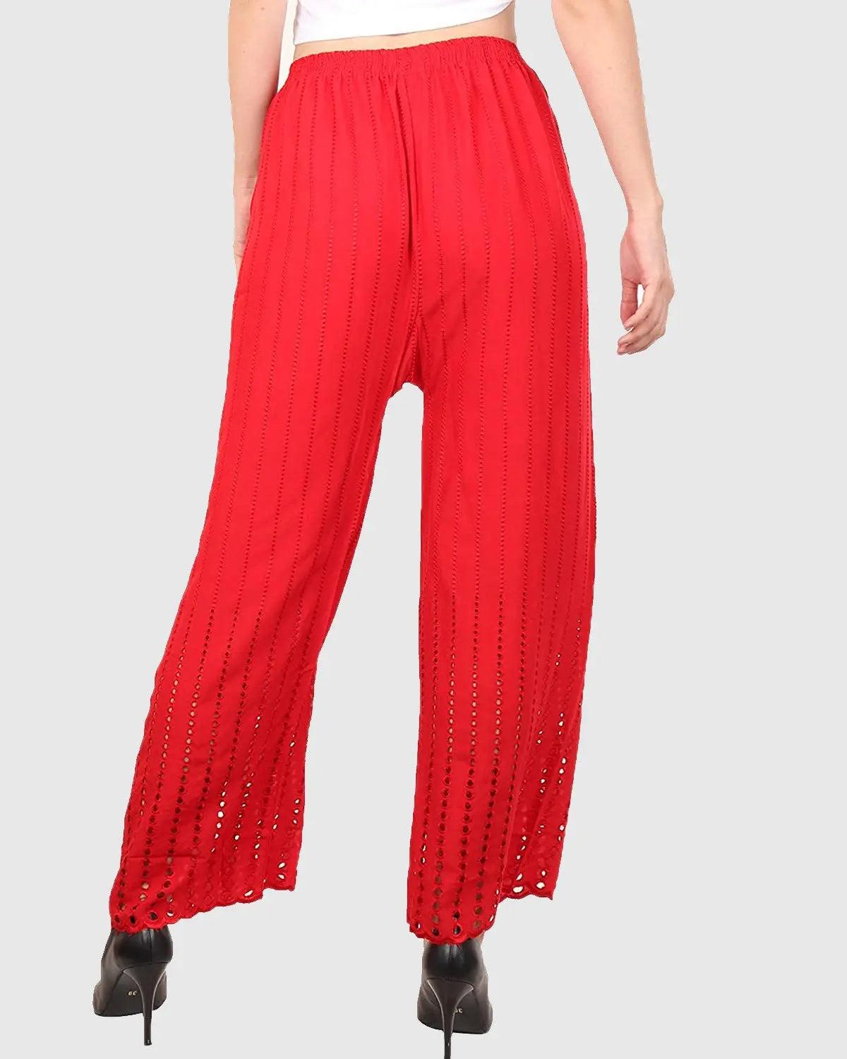 Women's Red Chicken Rayon Palazzo Flaired Pants wrinkle free