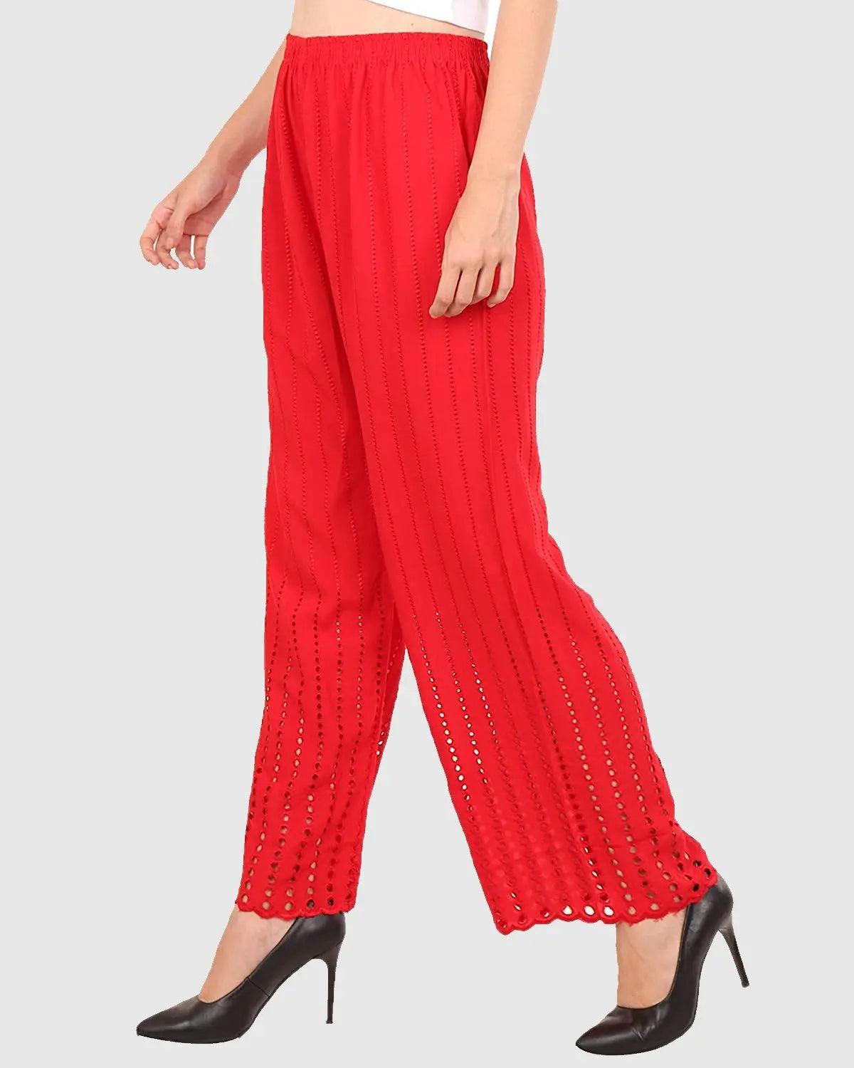 Women's Red Chicken Rayon Palazzo Flaired Pants wrinkle free