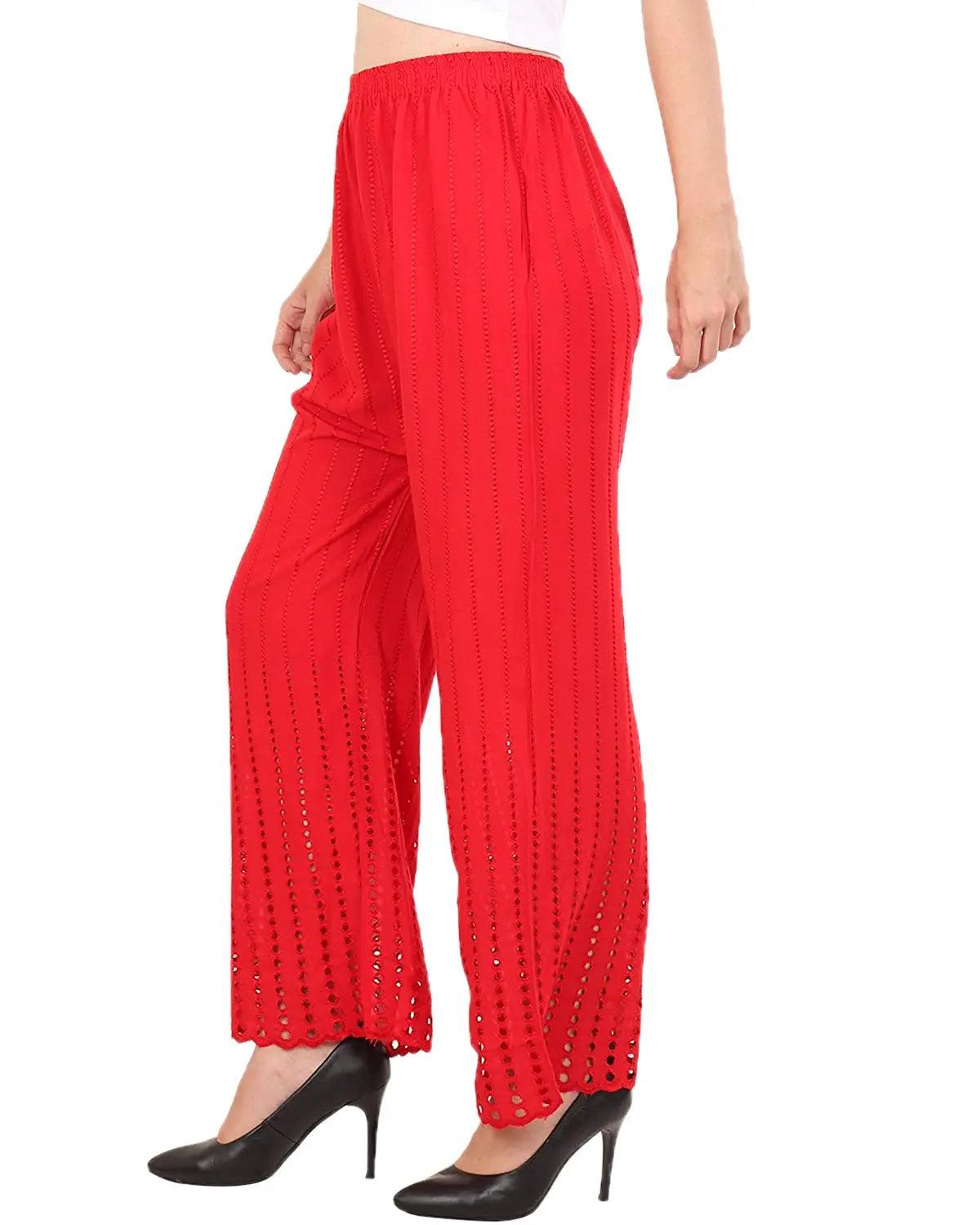 Women's Red Chicken Rayon Palazzo Flaired Pants wrinkle free