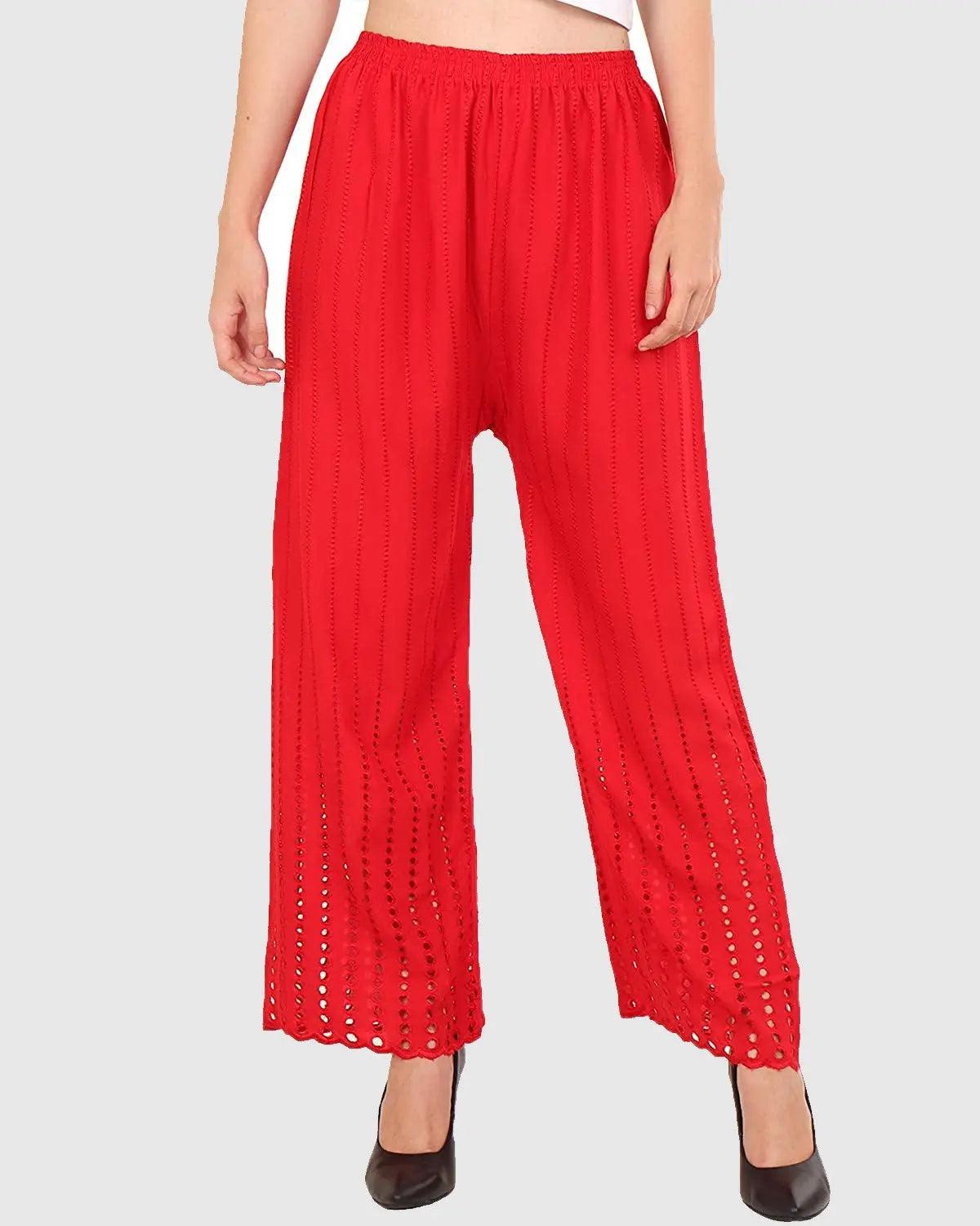Women's Red Chicken Rayon Palazzo Flaired Pants wrinkle free