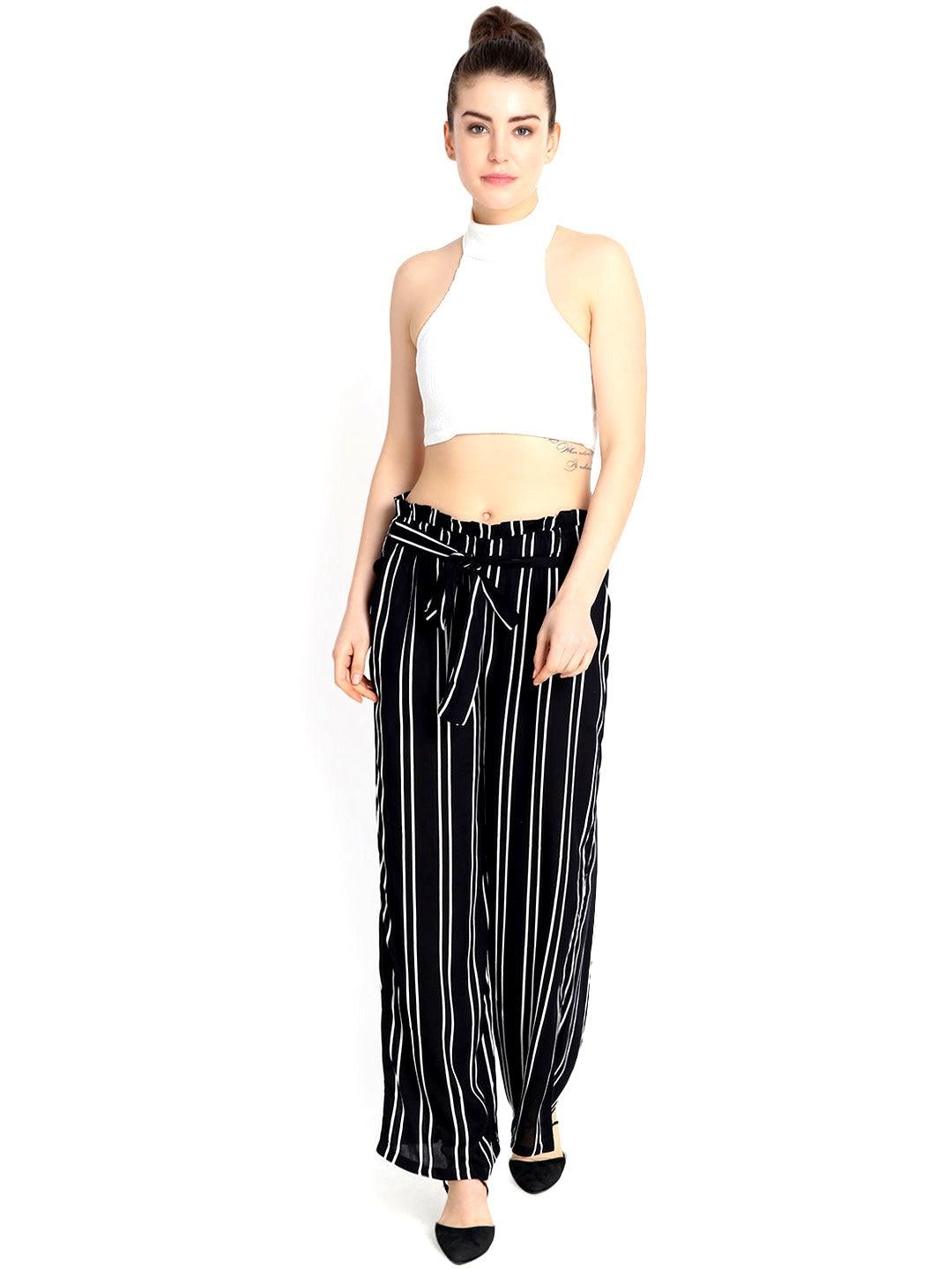 Woman's Rayon Stripe Black Palazzo