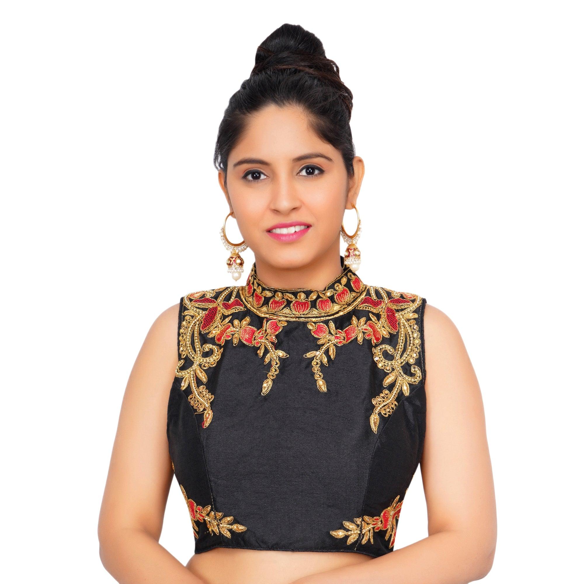 Band Collar Black Women Blouse Black