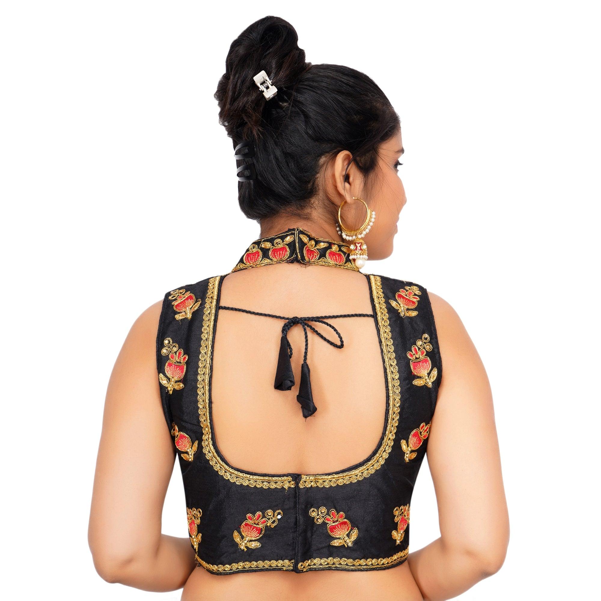 Band Collar Black Women Blouse