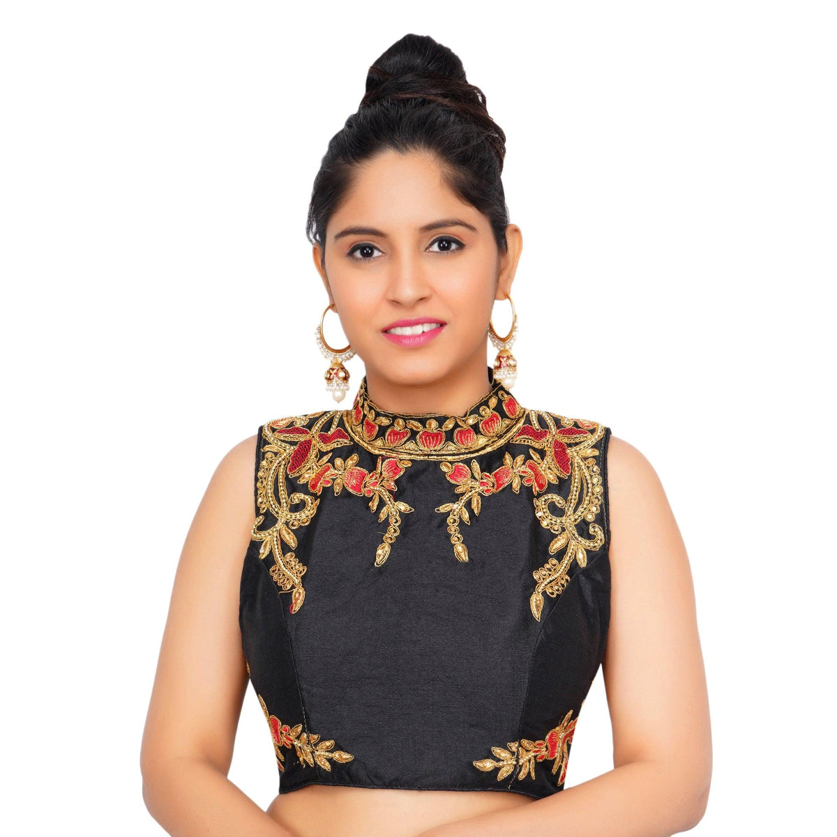 Band Collar Black Women Blouse Black