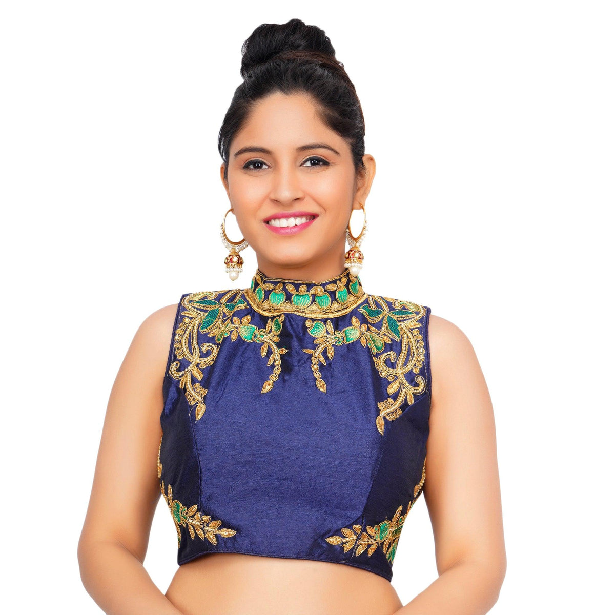 Band Collar Navy Blue Women Blouse Navy Blue