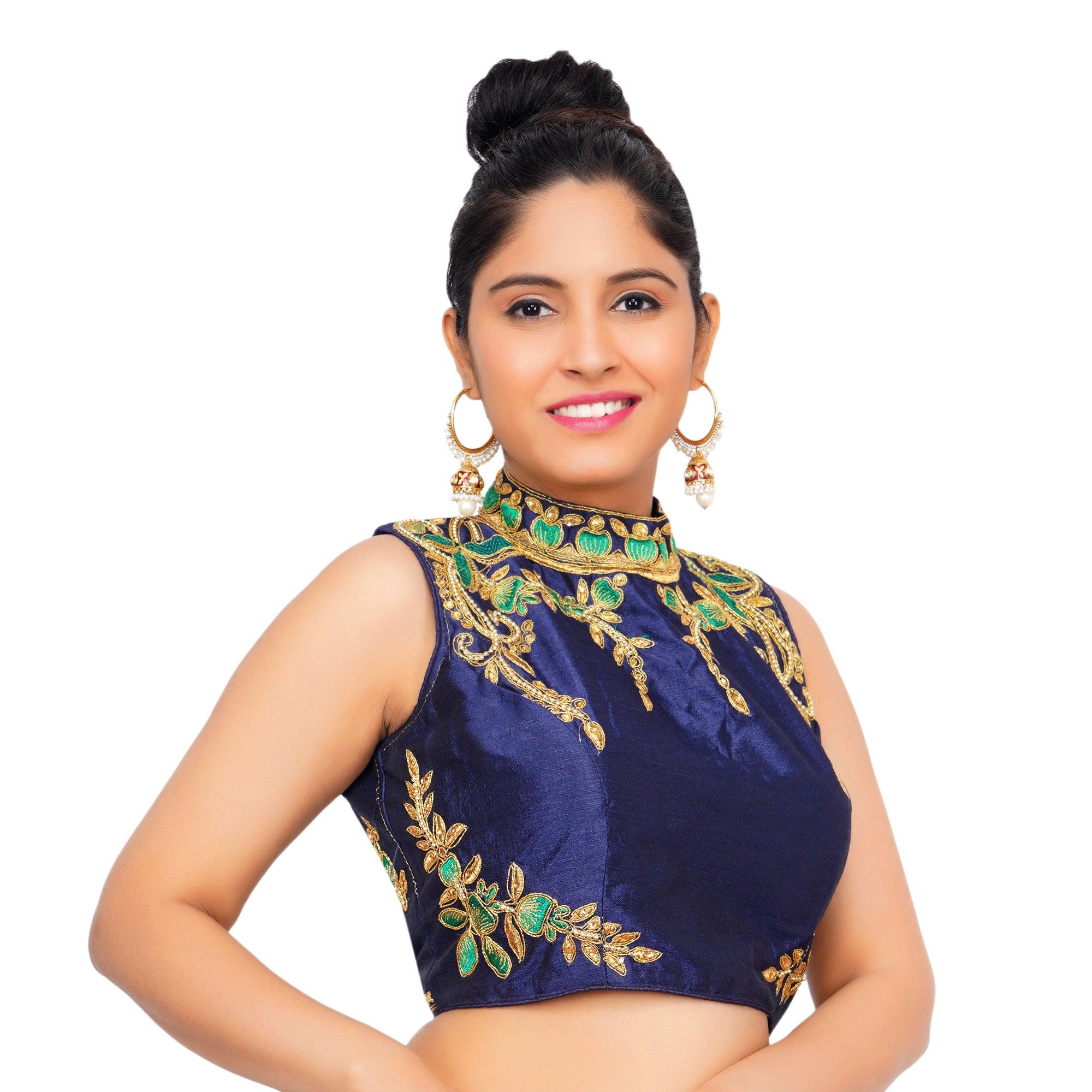 Band Collar Navy Blue Women Blouse