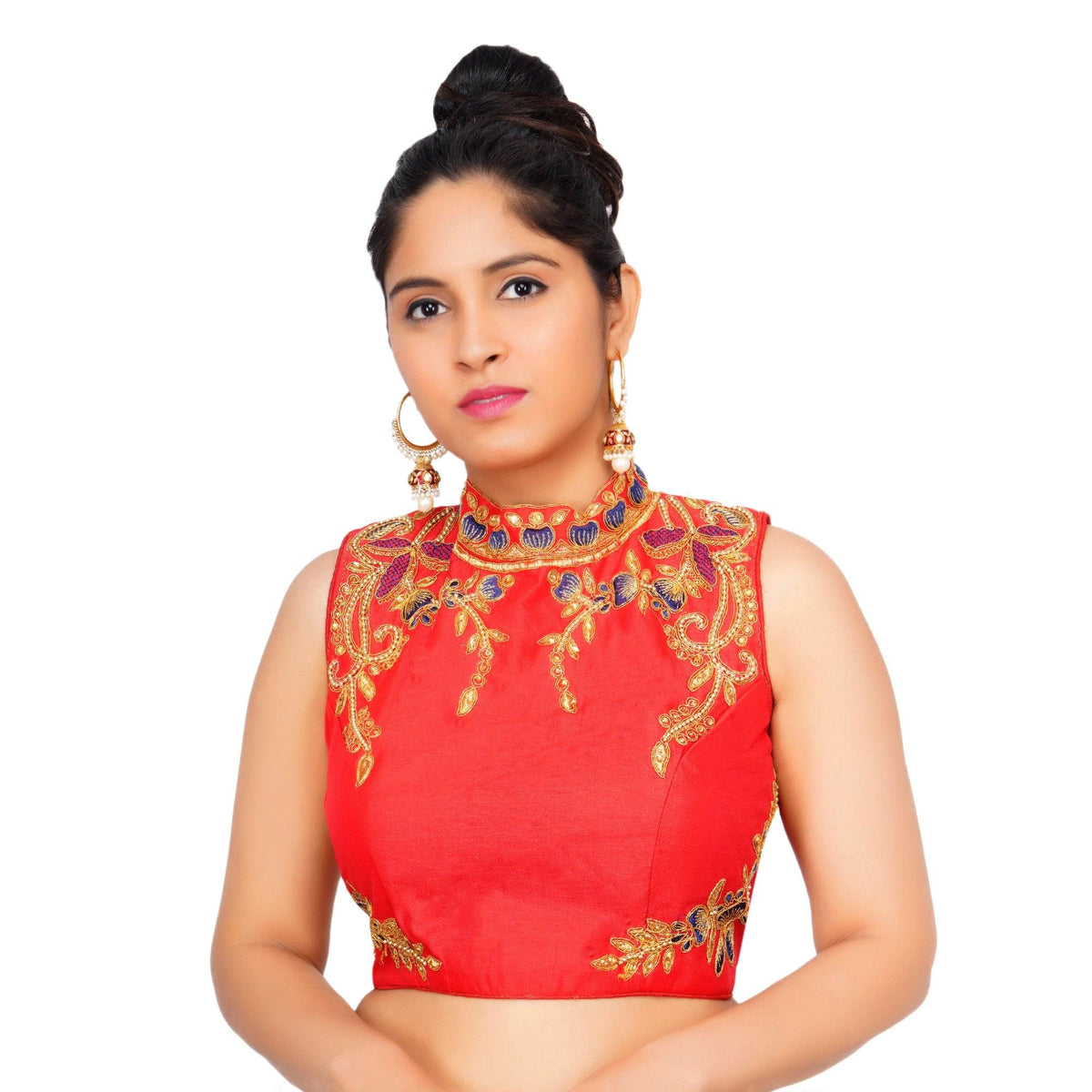 Band Collar Red Women Blouse Red