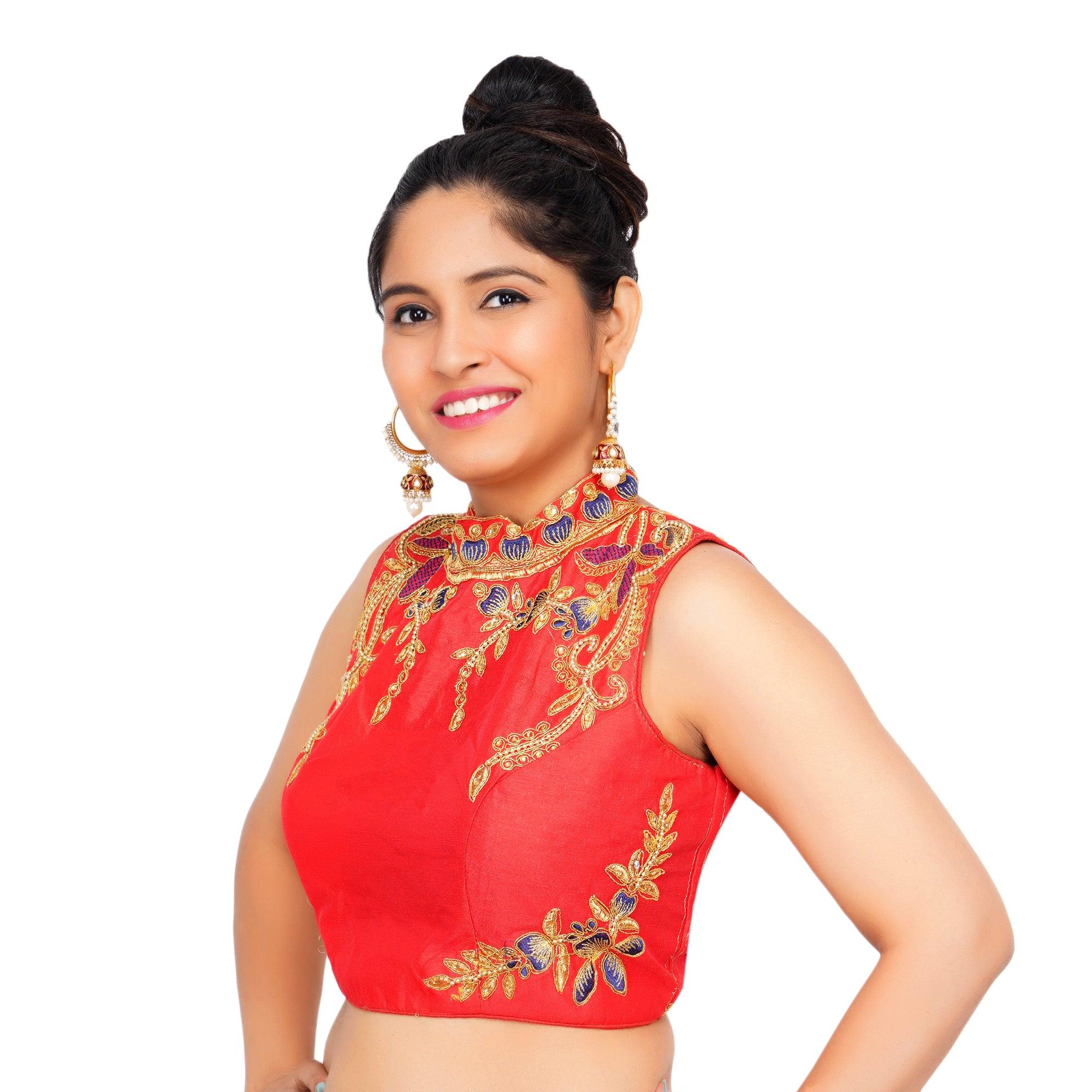 Band Collar Red Women Blouse