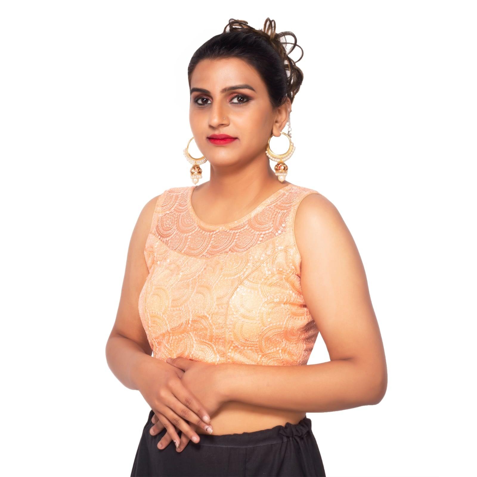 Boat Neck Peach Net Women Blouse