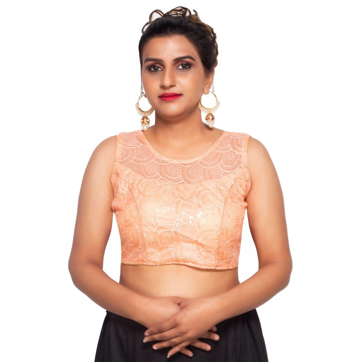 Boat Neck Peach Net Women Blouse Peach
