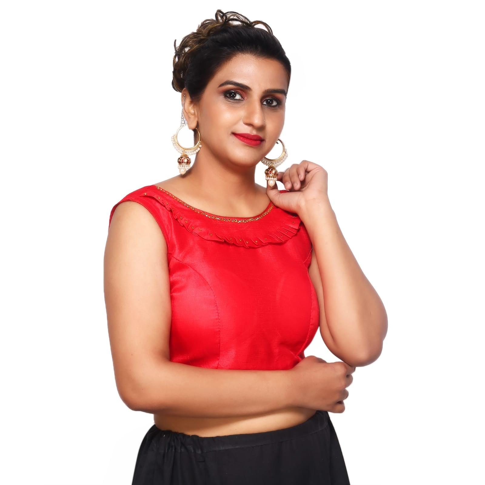 Boat Neck Red Solid Women Blouse