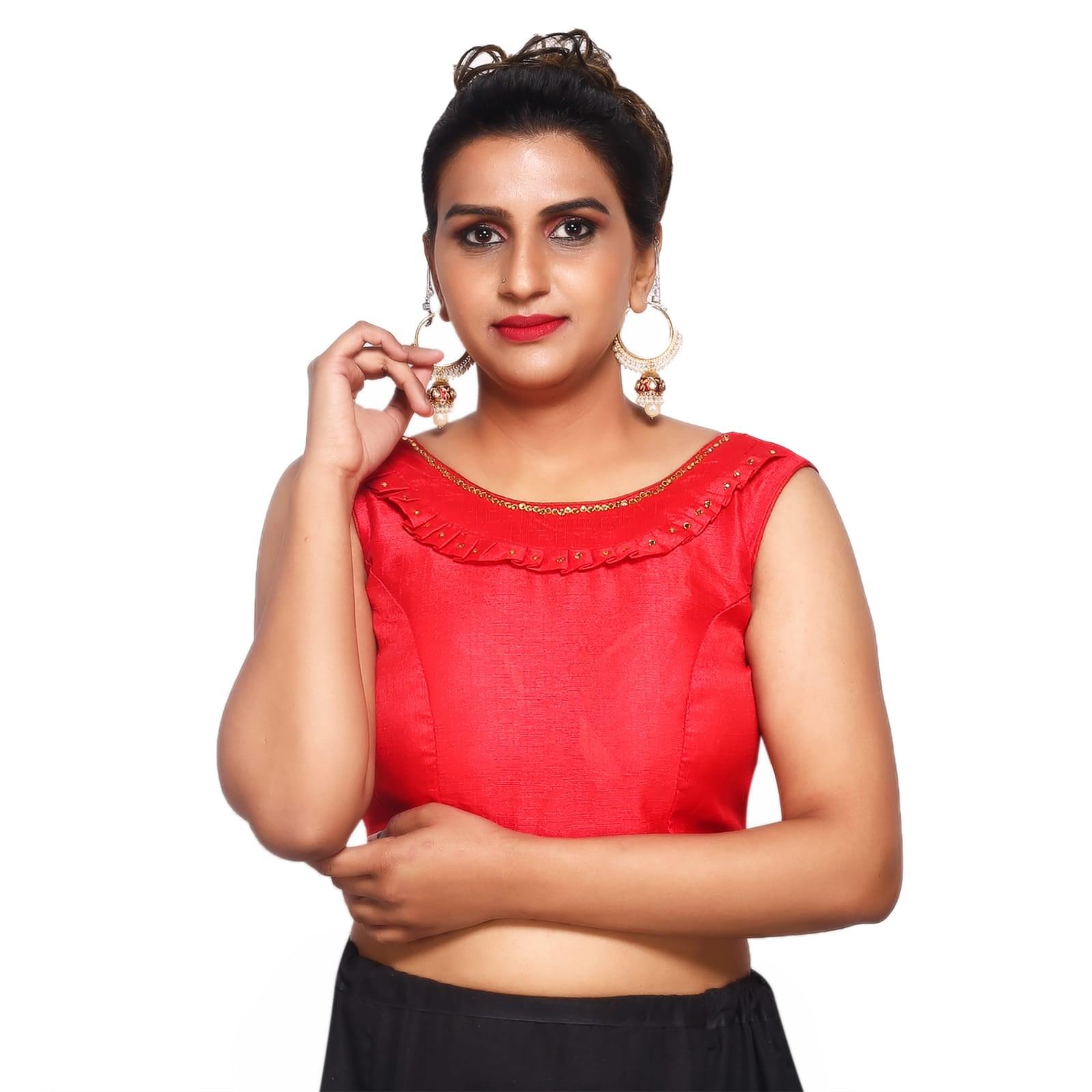 Boat Neck Red Solid Women Blouse