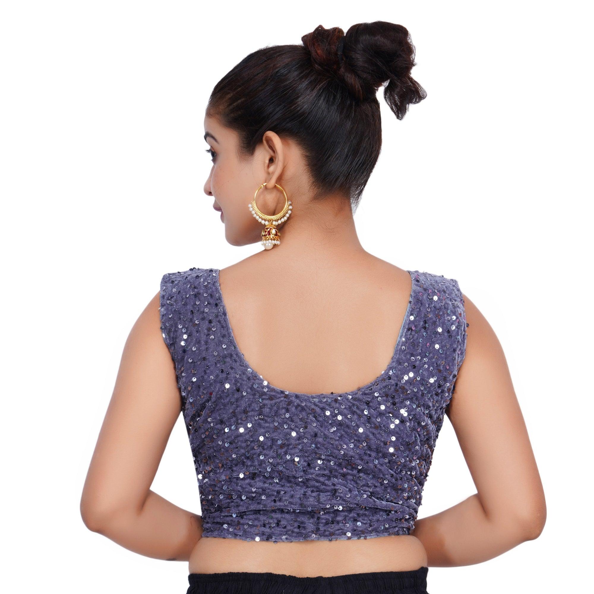 Sequins Round Neck Velvet Blue Women Blouse
