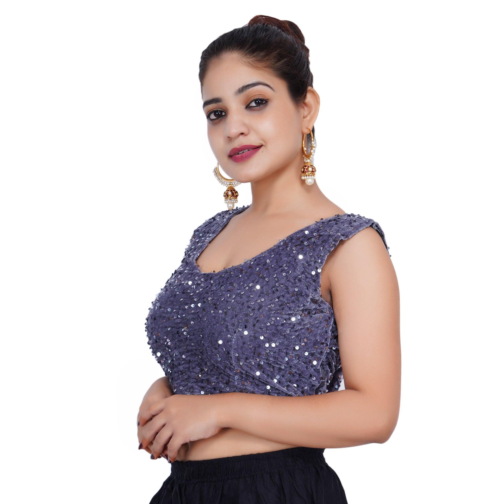 Sequins Round Neck Velvet Blue Women Blouse