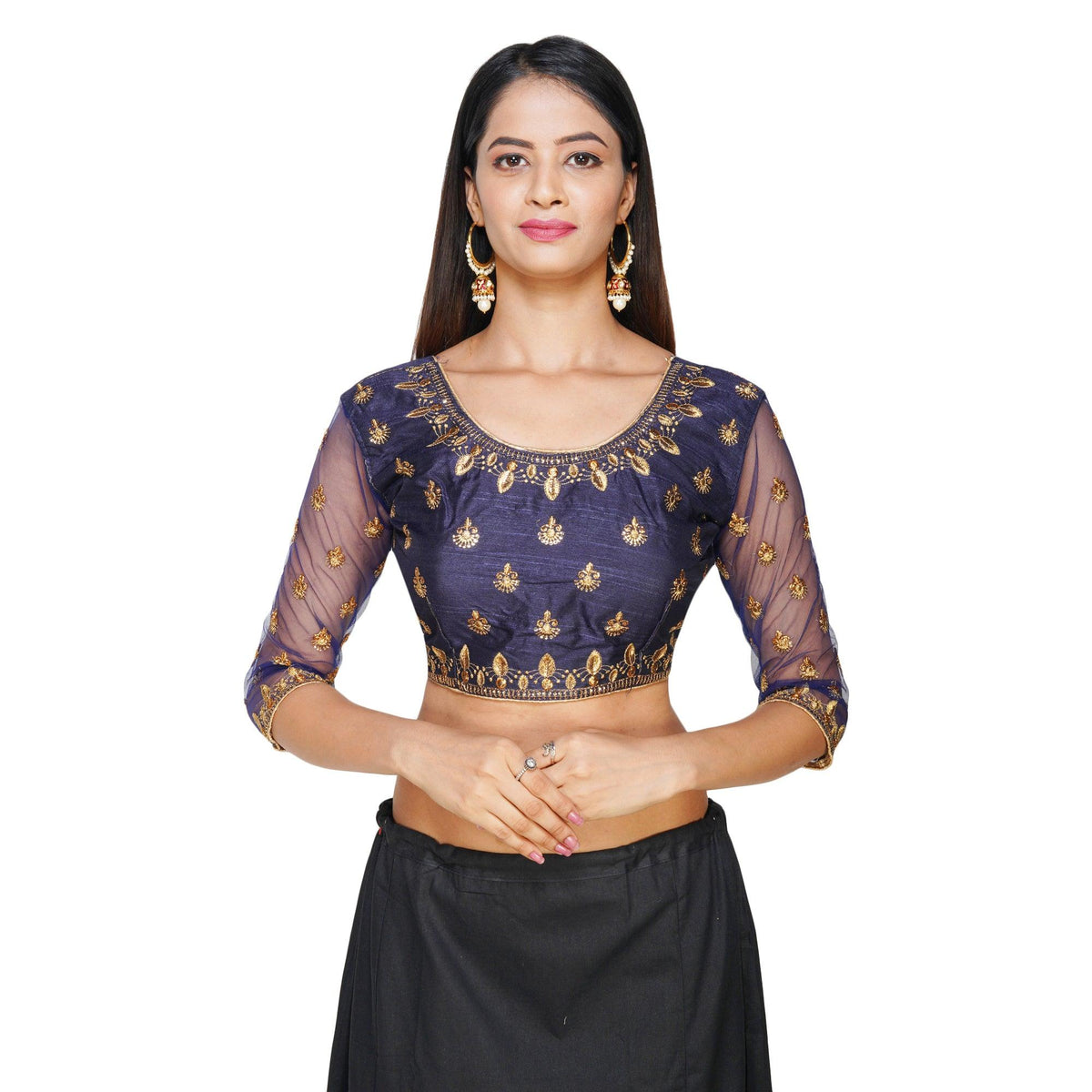 Round Neck Machine Embroidery Navy Blue Women Blouse Navy Blue