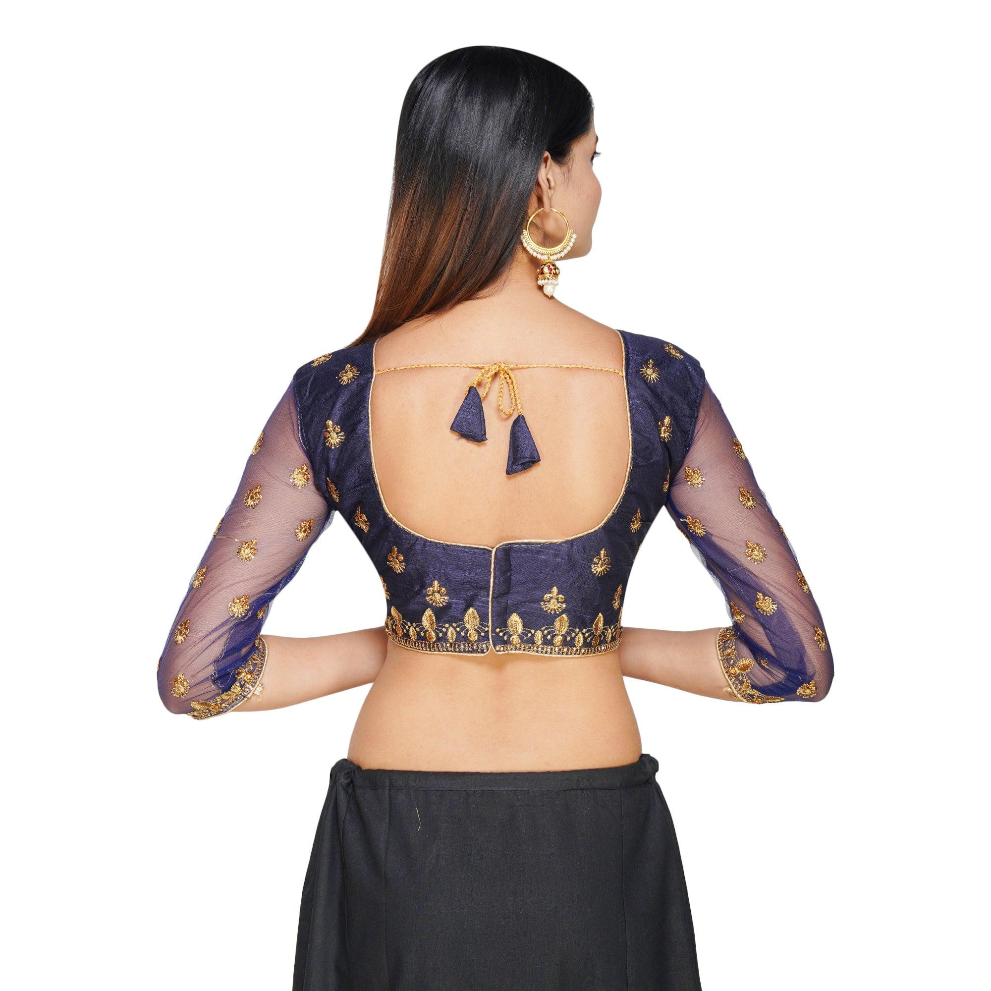 Round Neck Machine Embroidery Navy Blue Women Blouse