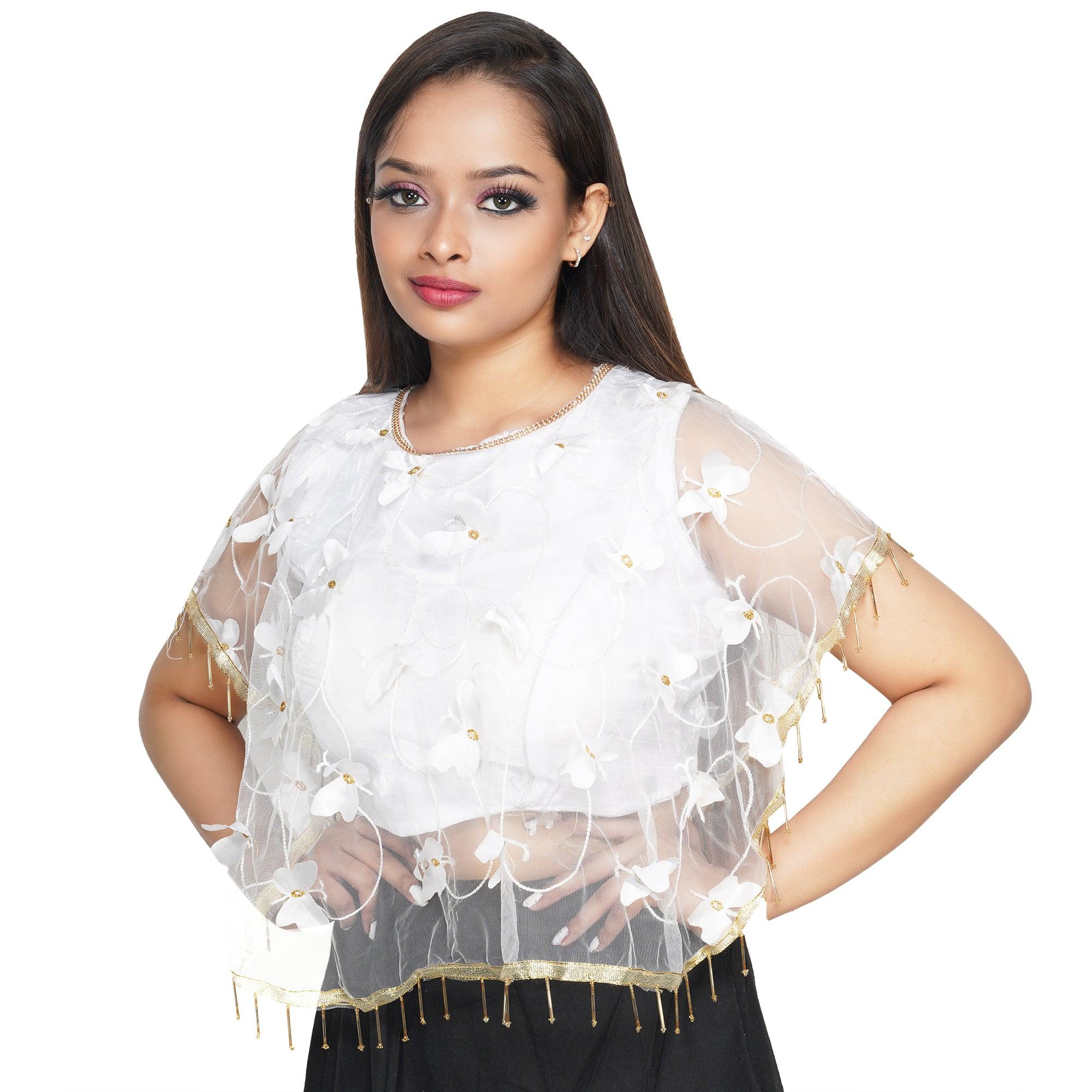 Boat Neck 3D Butterfly Work White Women Blouse