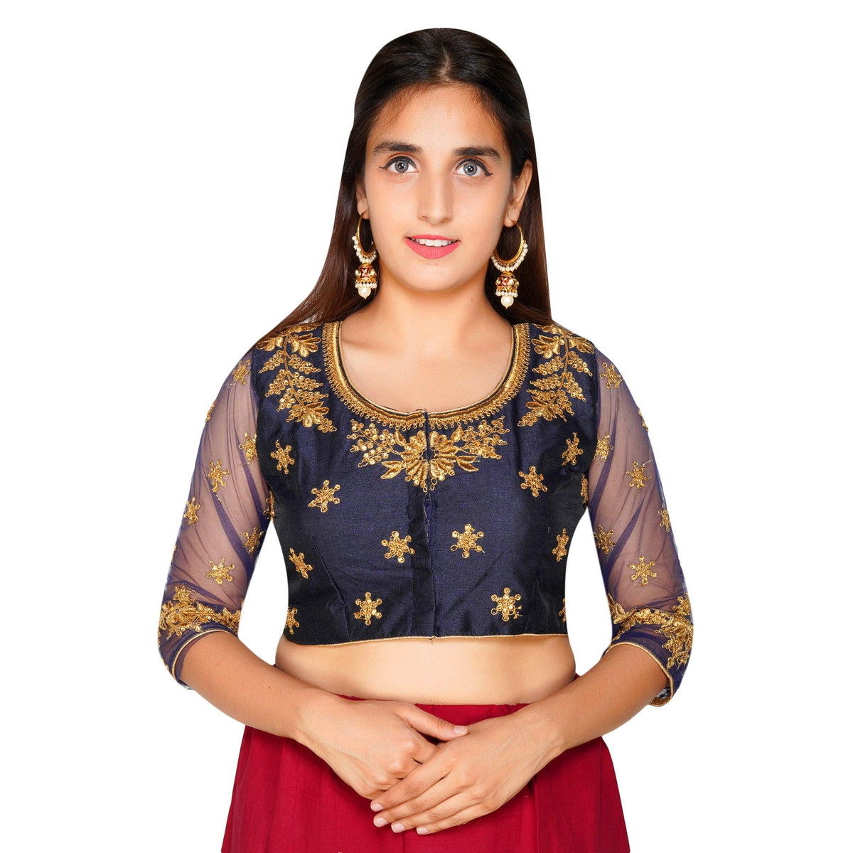 Round Neck Heavy Back Machine Embroidery Navy Blue Women Blouse Navy Blue