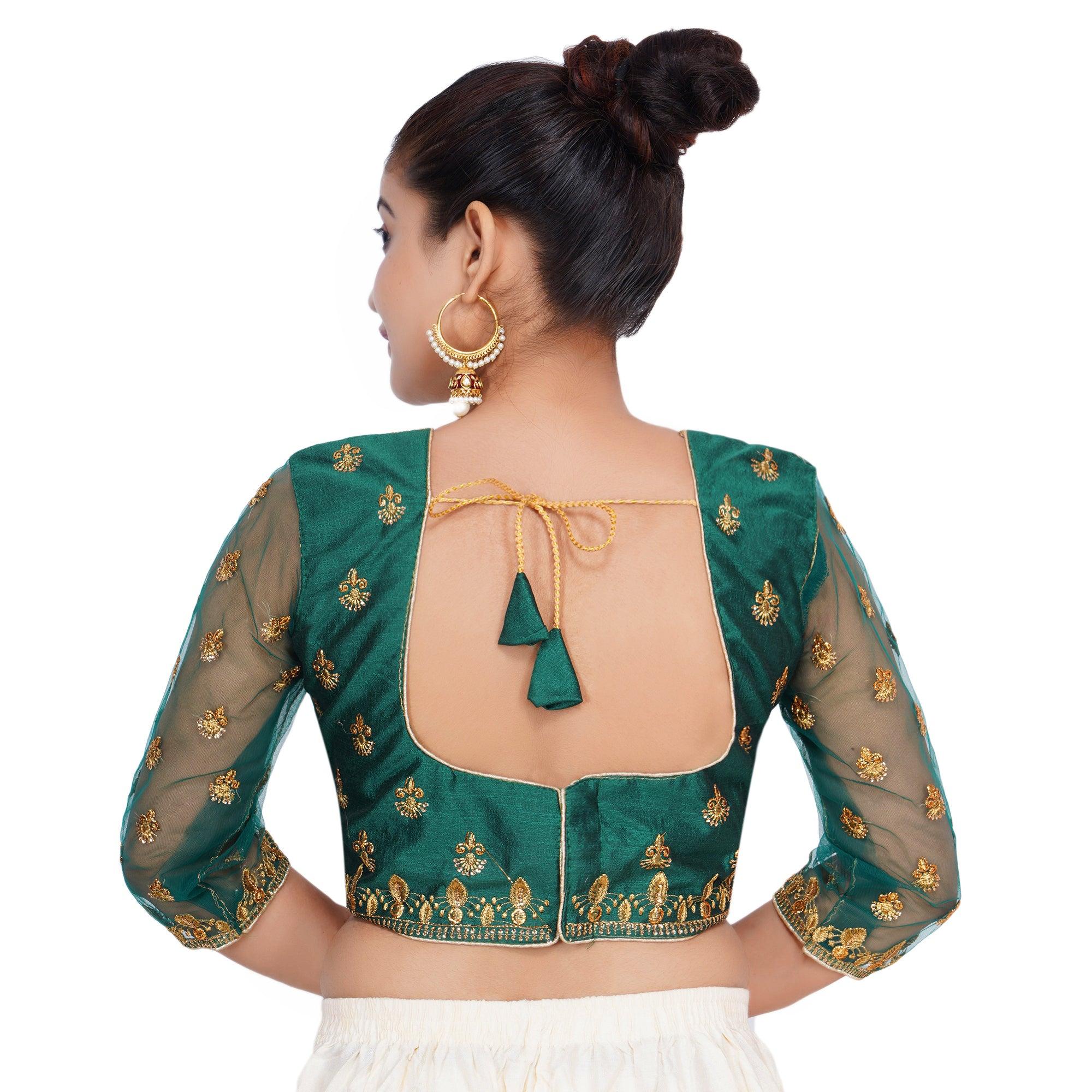 Round Neck Machine Embroidery Green Women Blouse