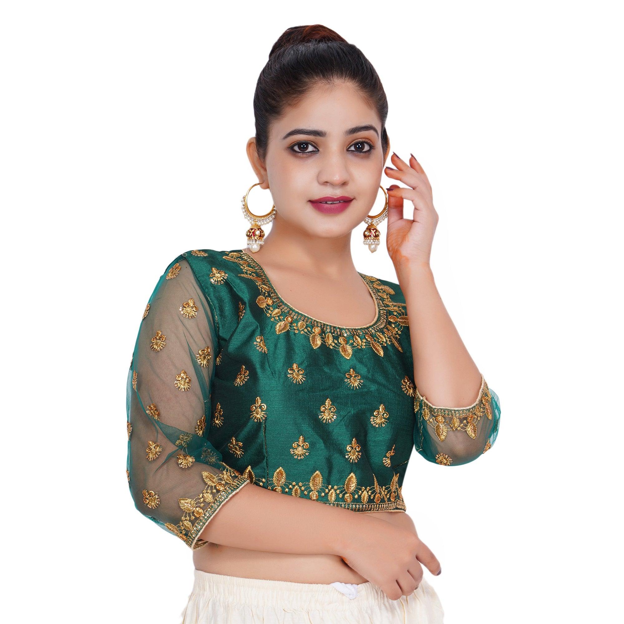 Round Neck Machine Embroidery Green Women Blouse